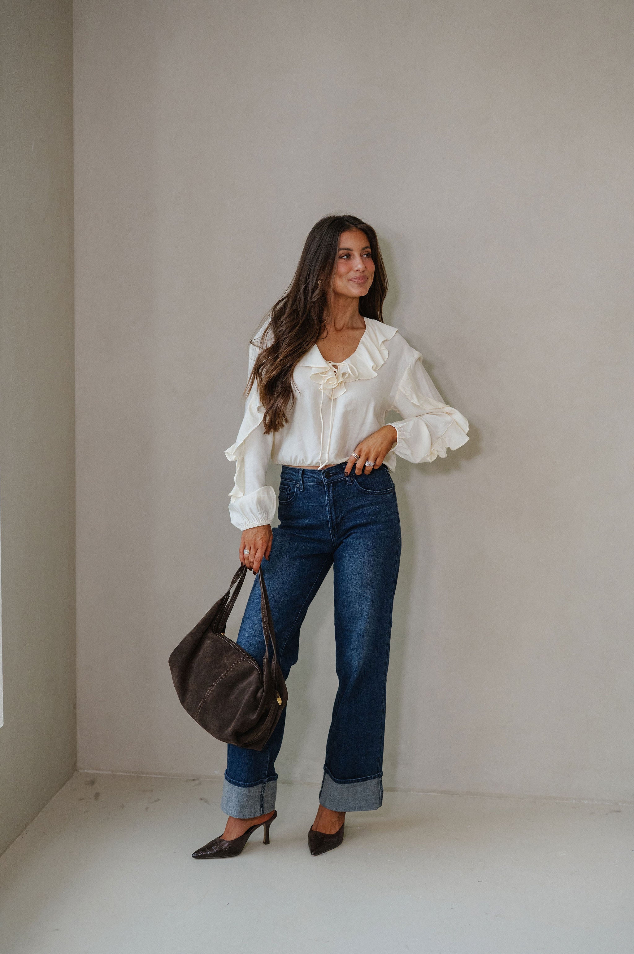 Collared Ruffle Front Tie Blouse-Oat Milk