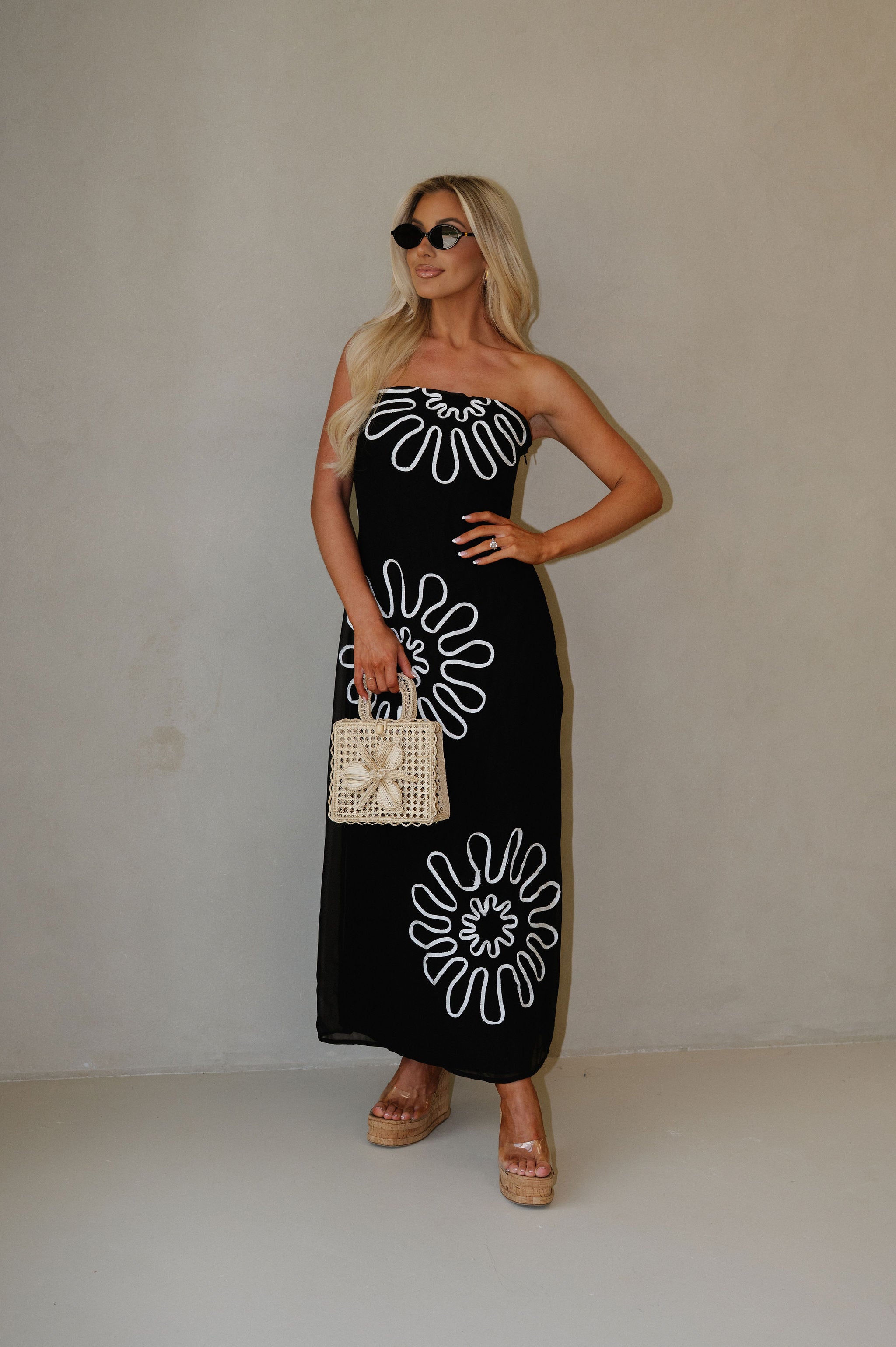 Strapless Floral Maxi Chiffon Dress-Black/White