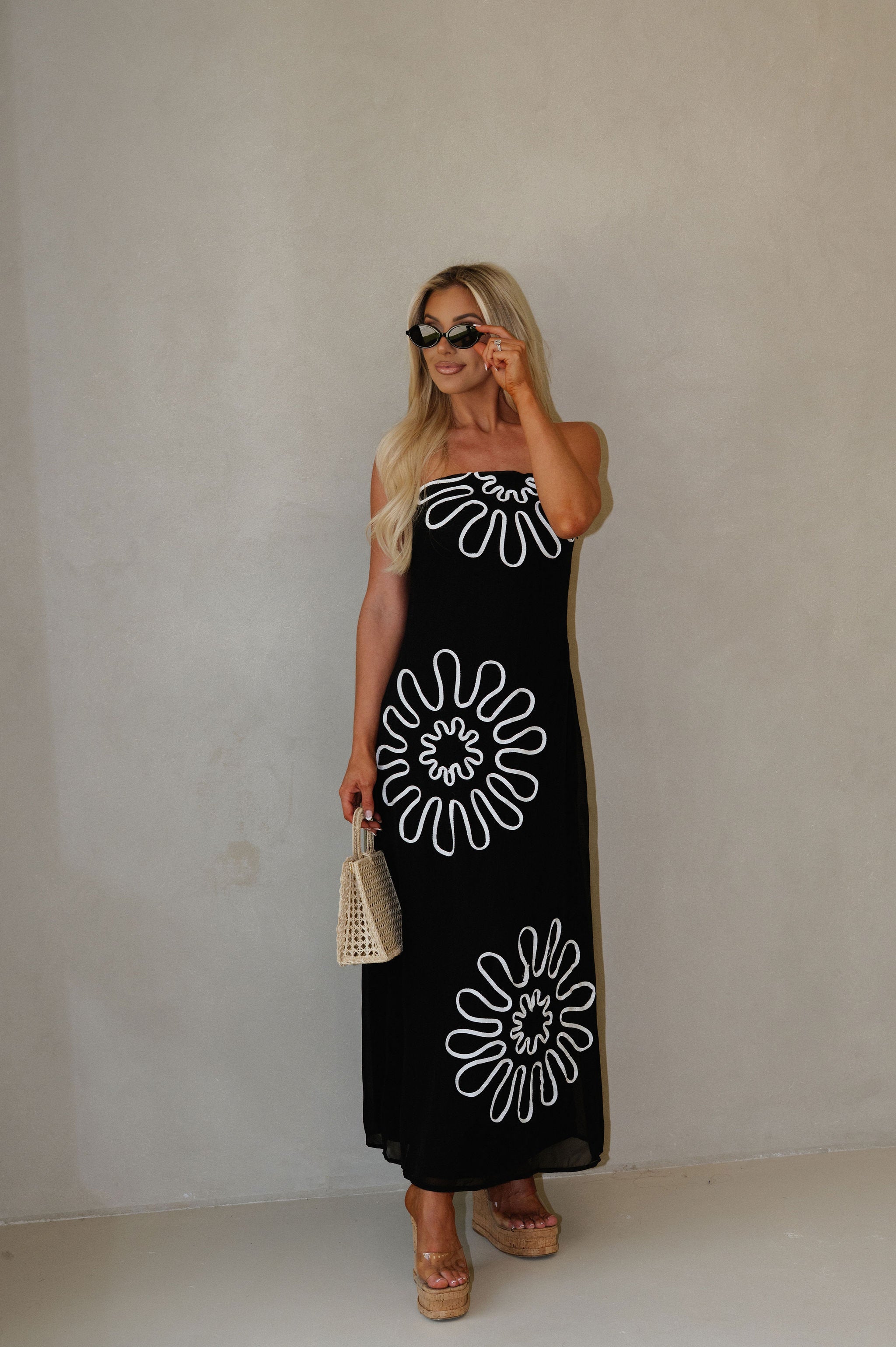 Strapless Floral Maxi Chiffon Dress-Black/White