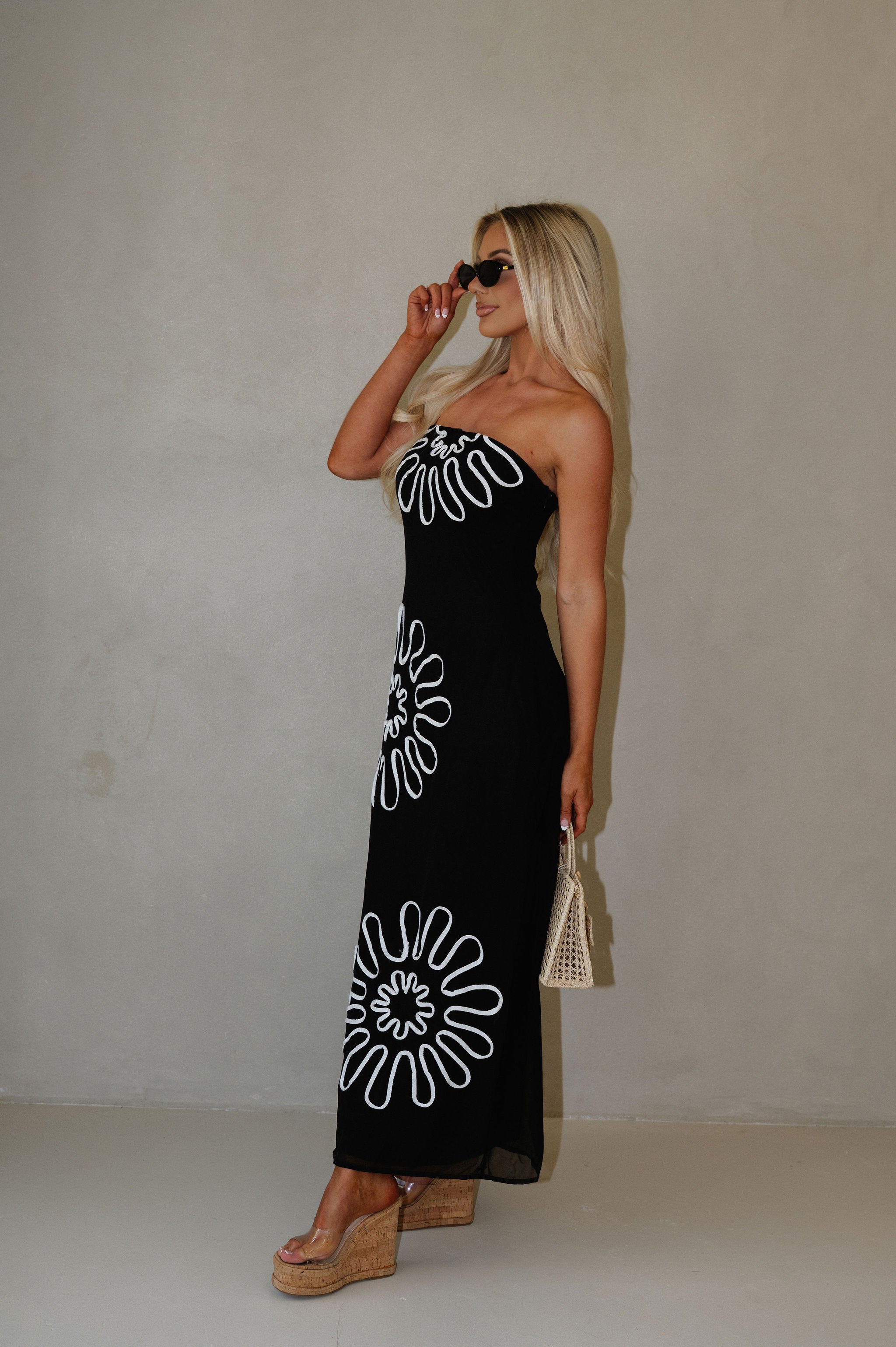 Strapless Floral Maxi Chiffon Dress-Black/White