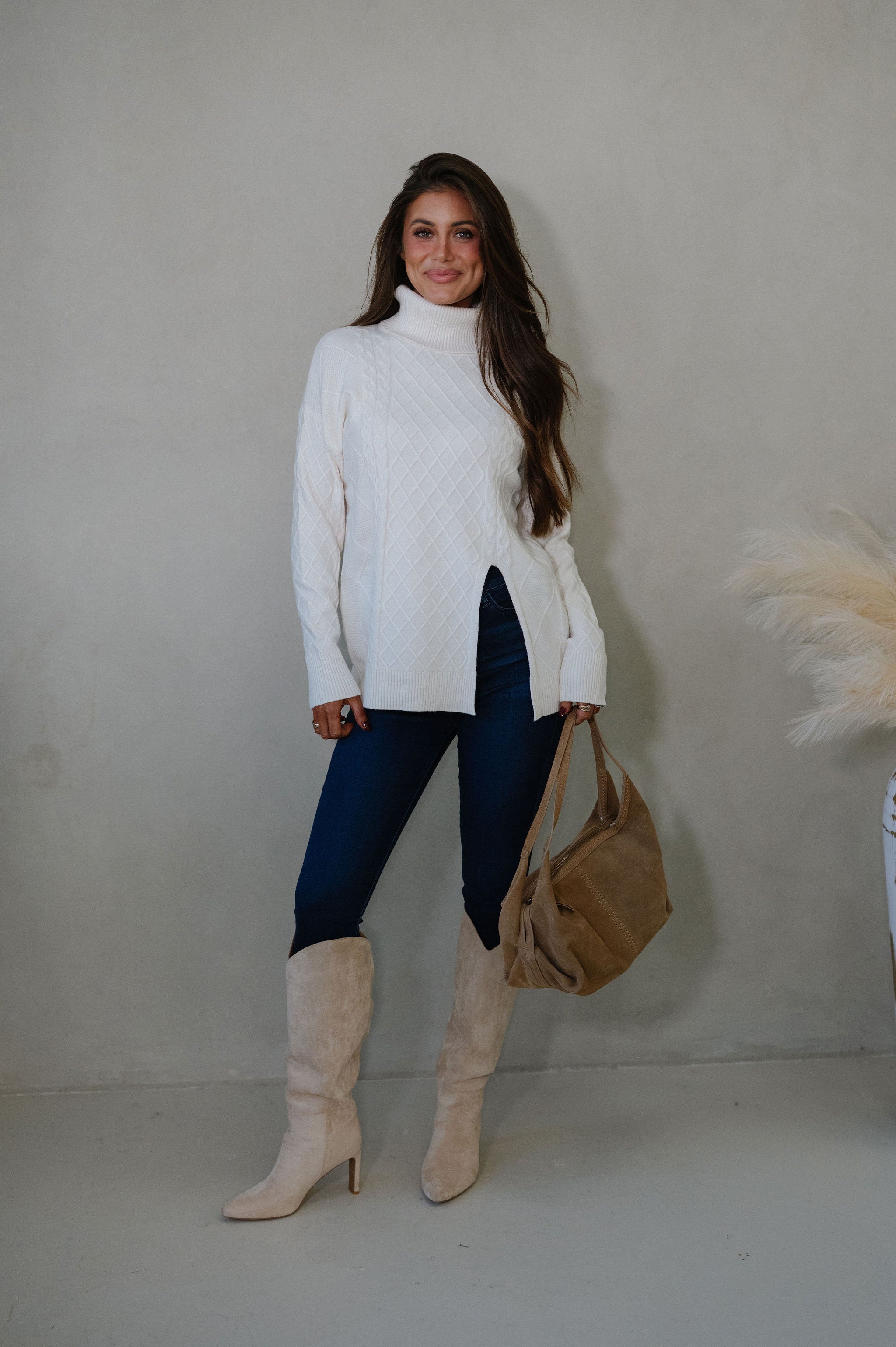 Split Hem Turtle Neck Sweater-Cream