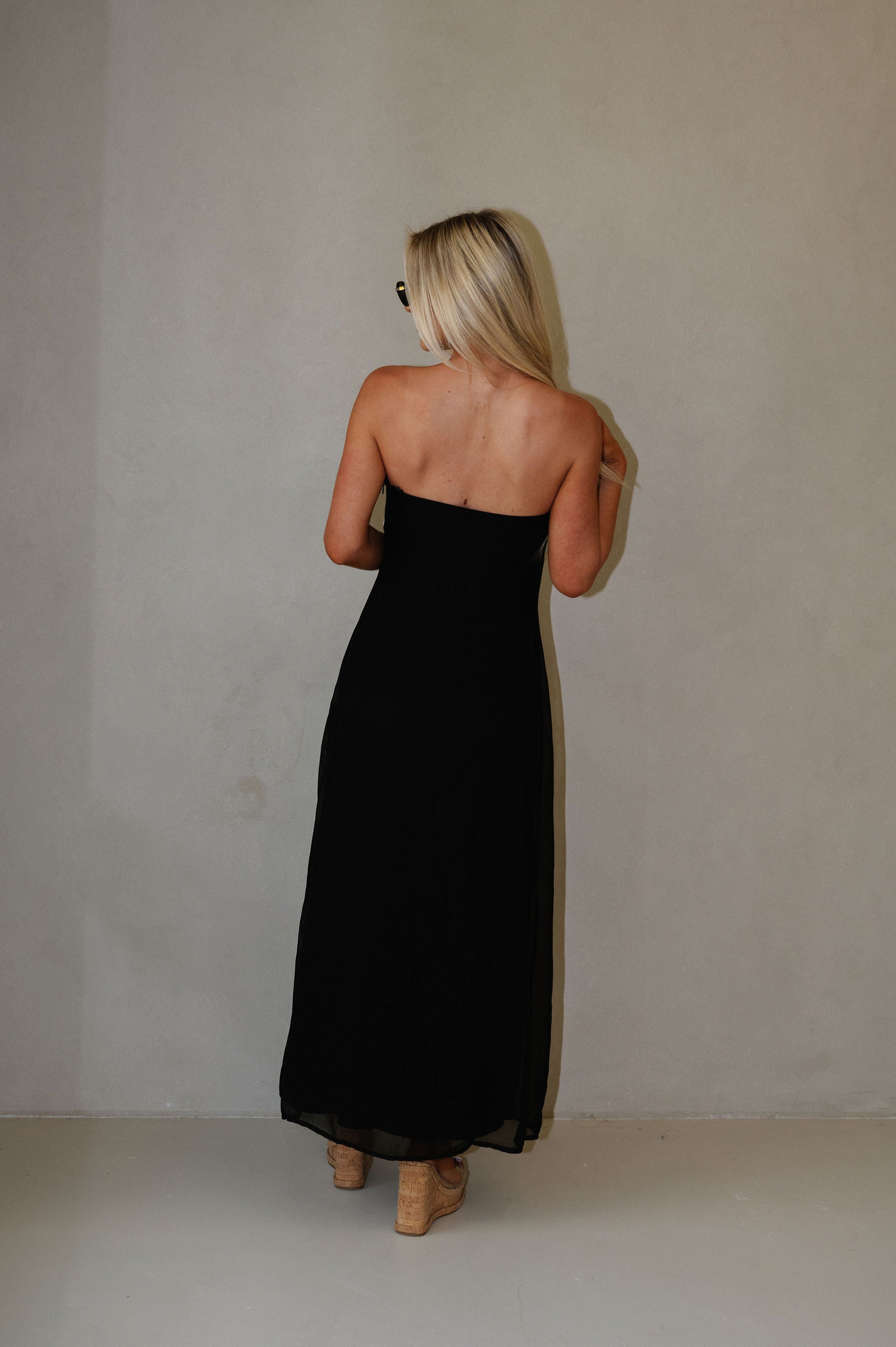 Strapless Floral Maxi Chiffon Dress-Black/White