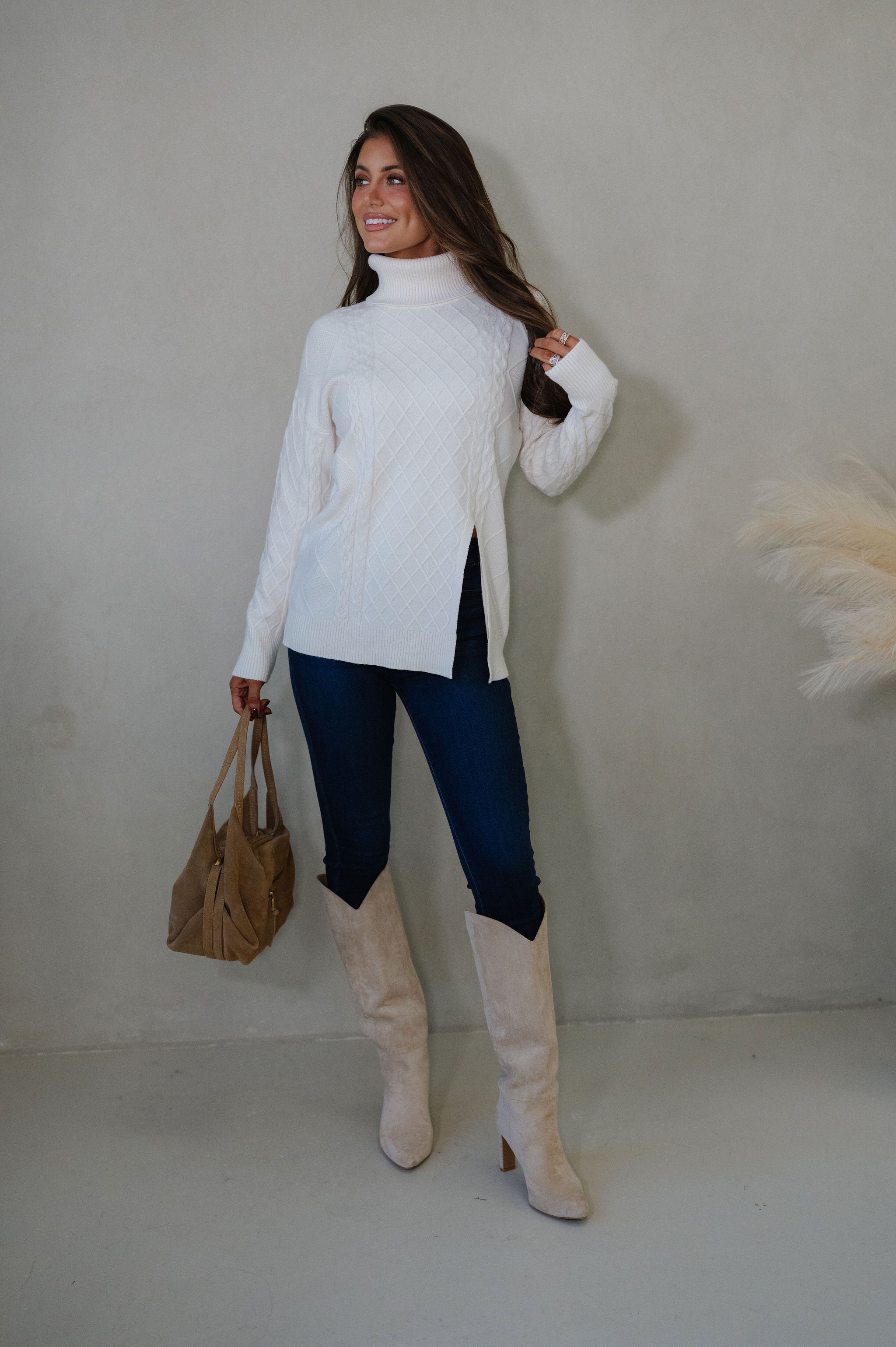 Split Hem Turtle Neck Sweater-Cream