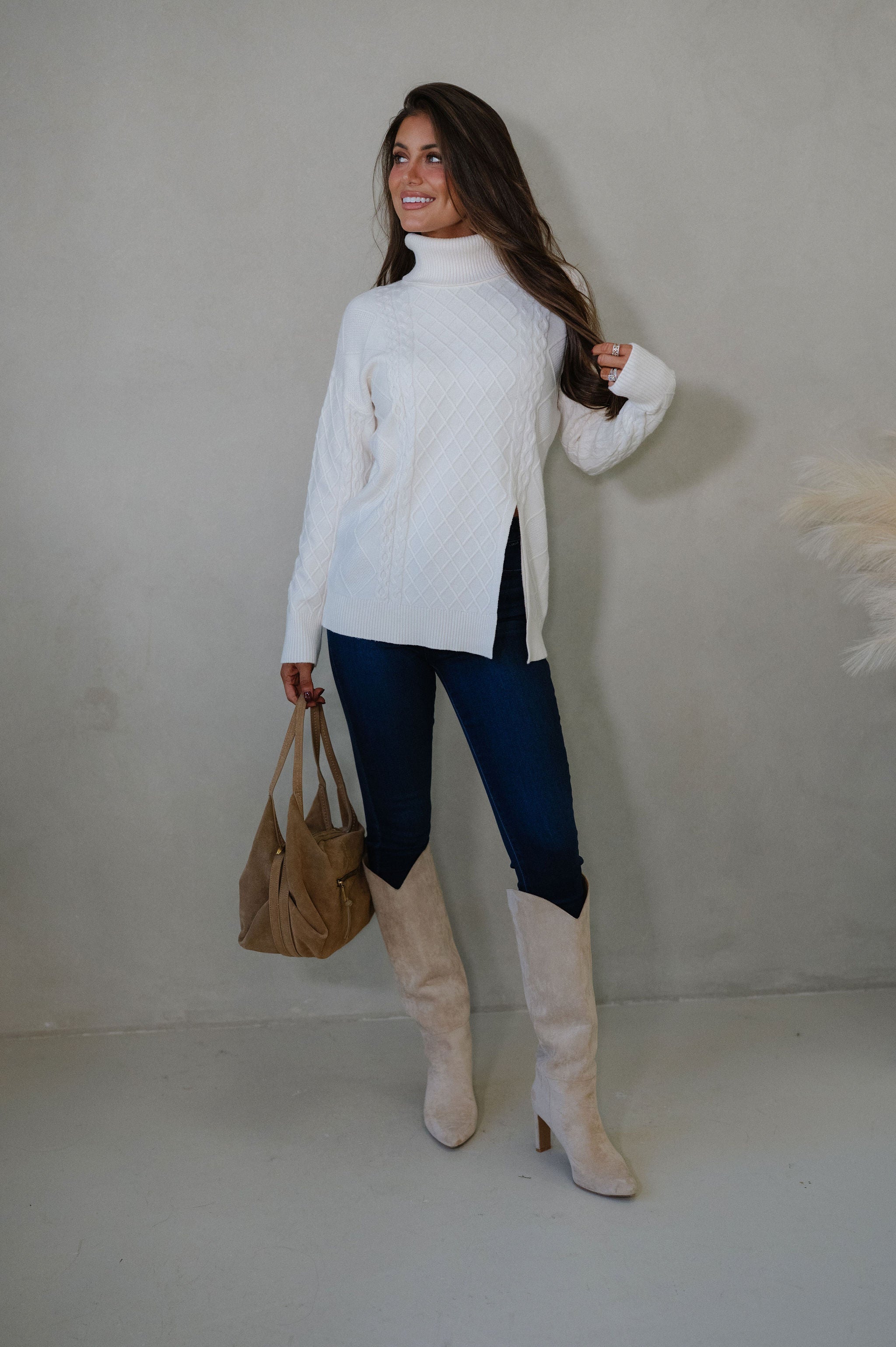 Split Hem Turtle Neck Sweater-Cream