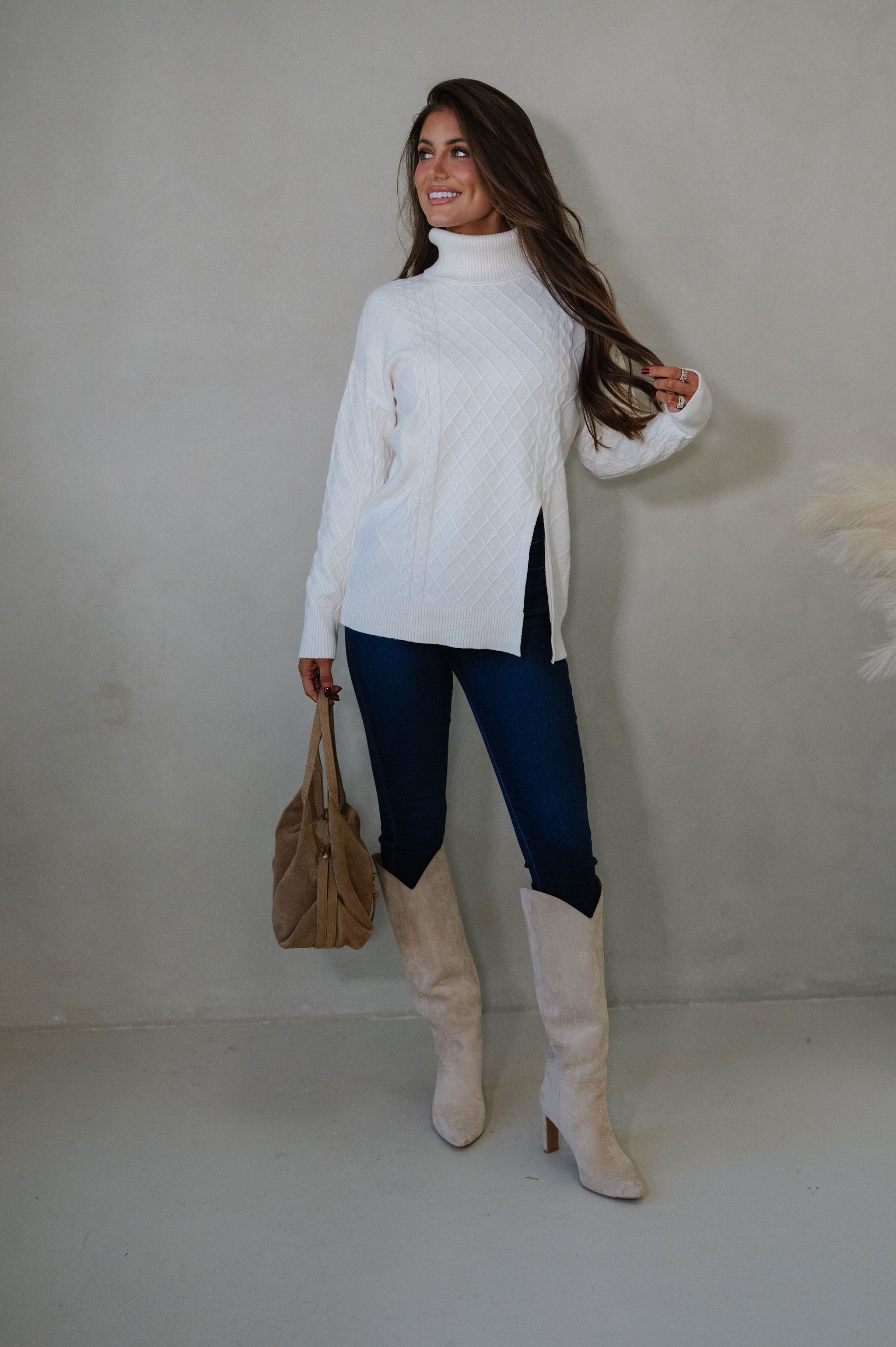 Split Hem Turtle Neck Sweater-Cream