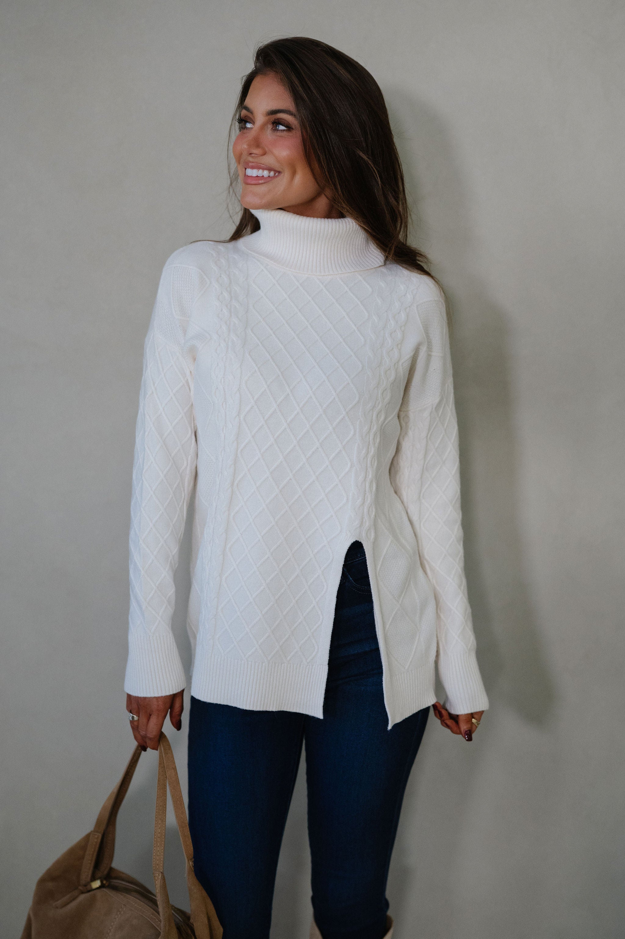 Split Hem Turtle Neck Sweater-Cream