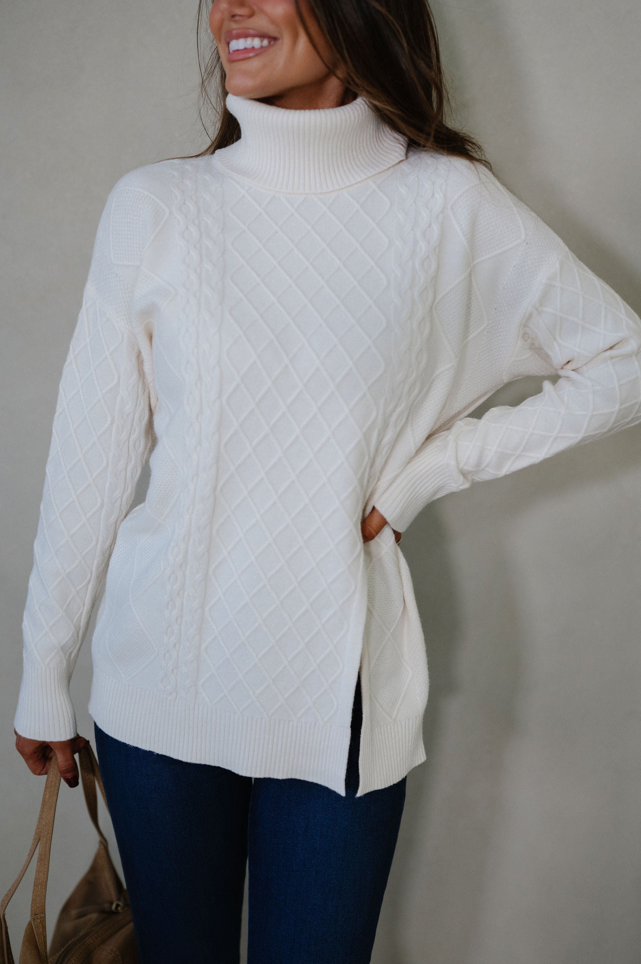 Split Hem Turtle Neck Sweater-Cream