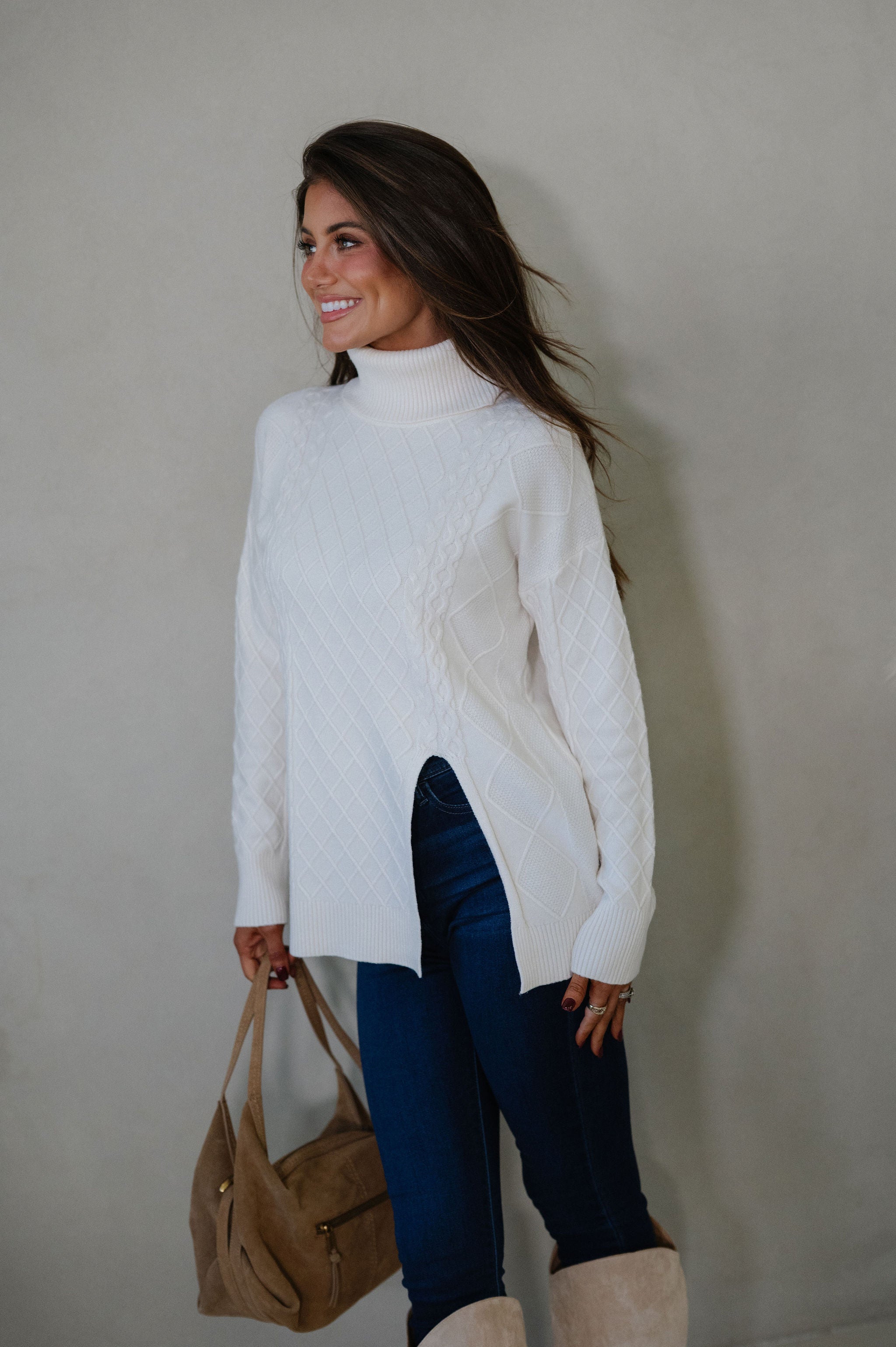 Split Hem Turtle Neck Sweater-Cream