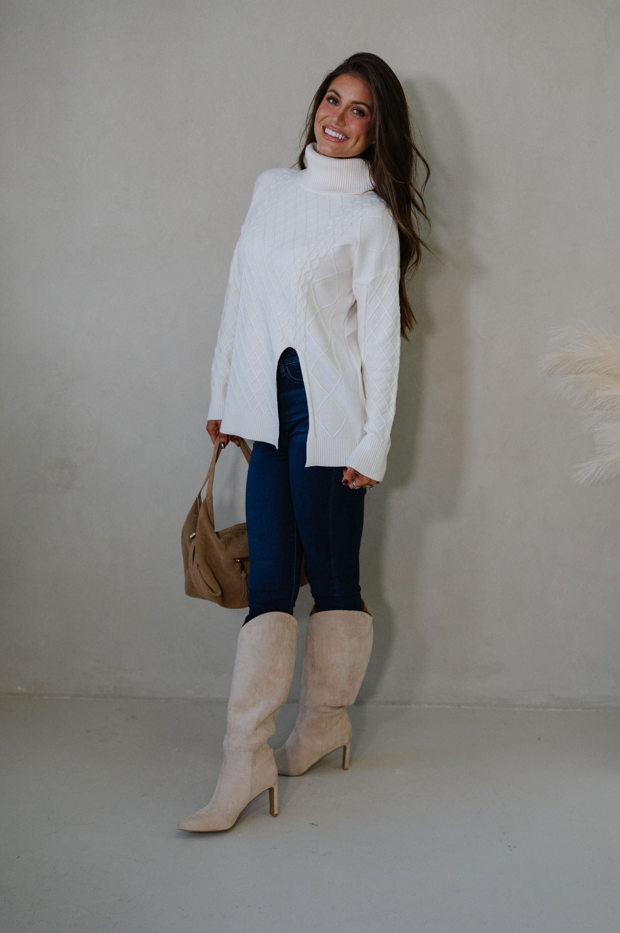 Split Hem Turtle Neck Sweater-Cream