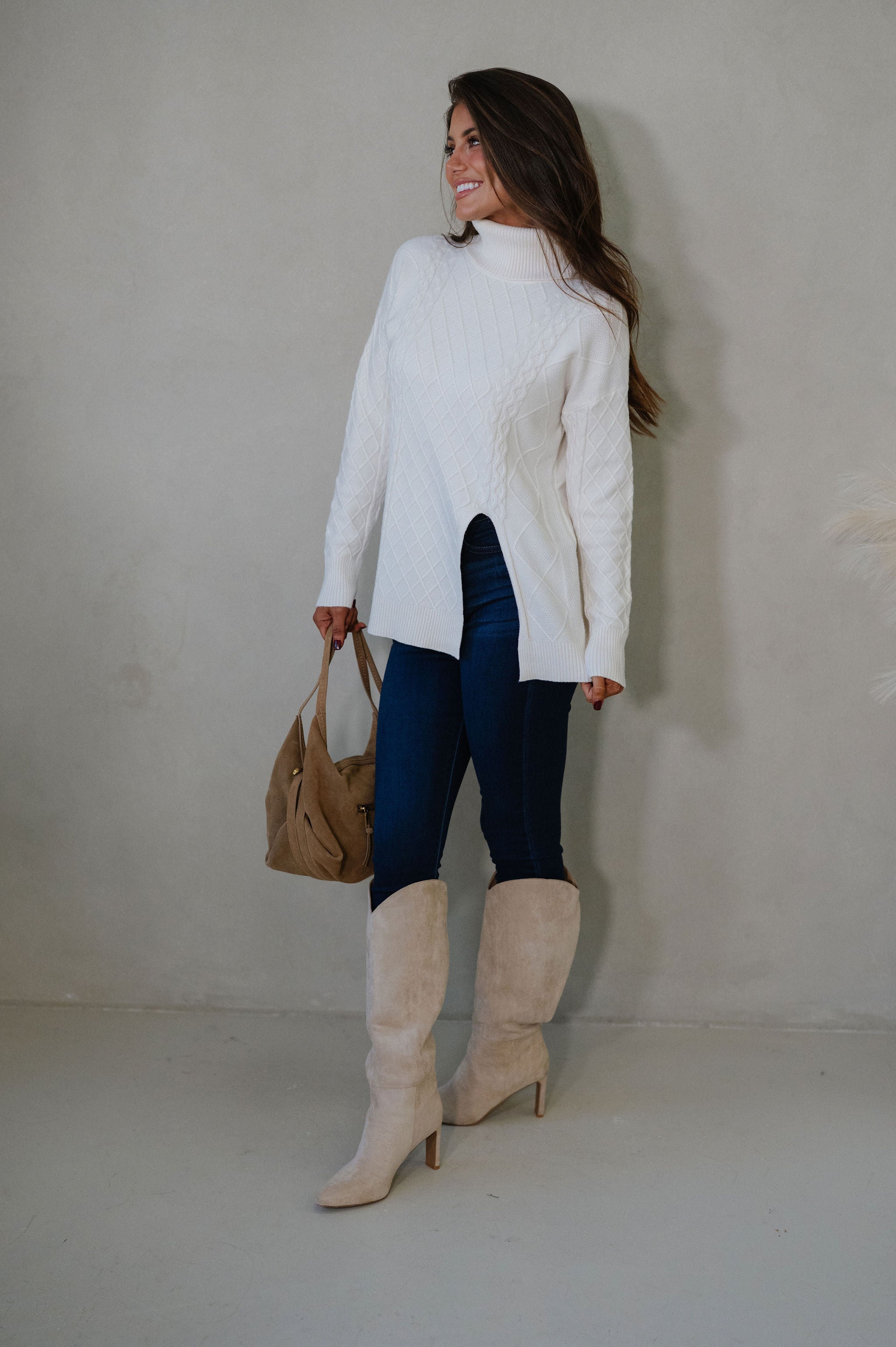 Split Hem Turtle Neck Sweater-Cream