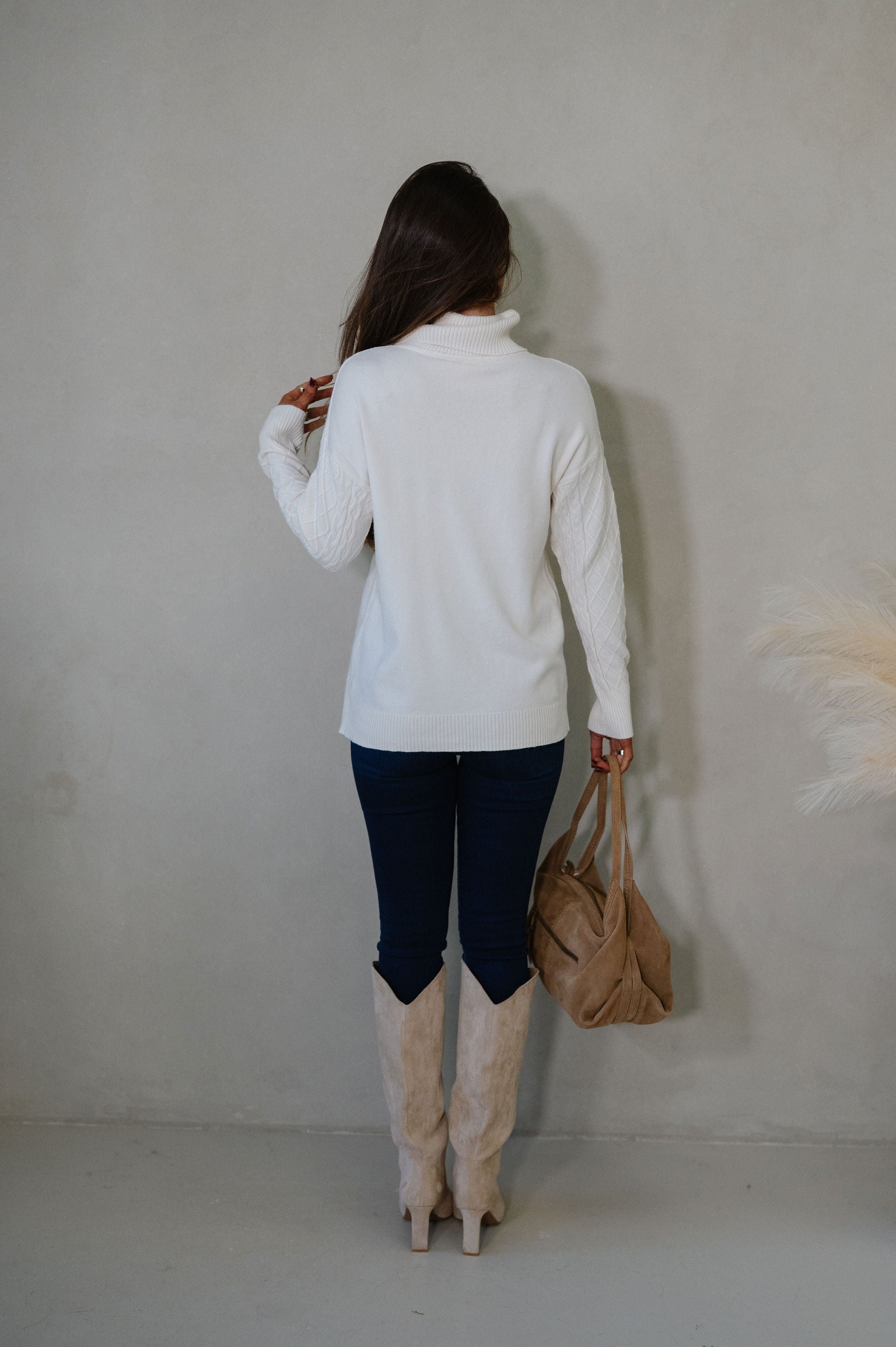 Split Hem Turtle Neck Sweater-Cream