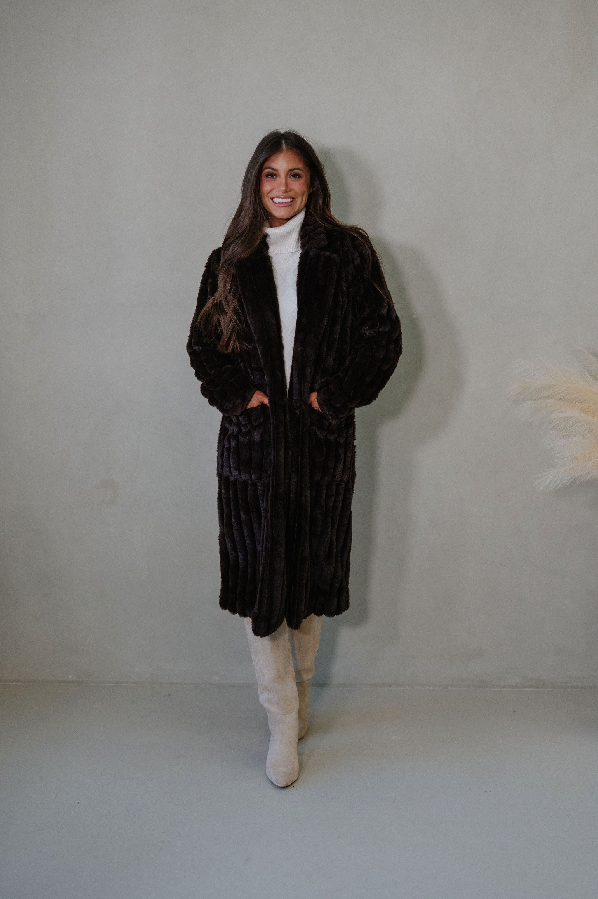 Devin Faux Fur Long Coat- Brown
