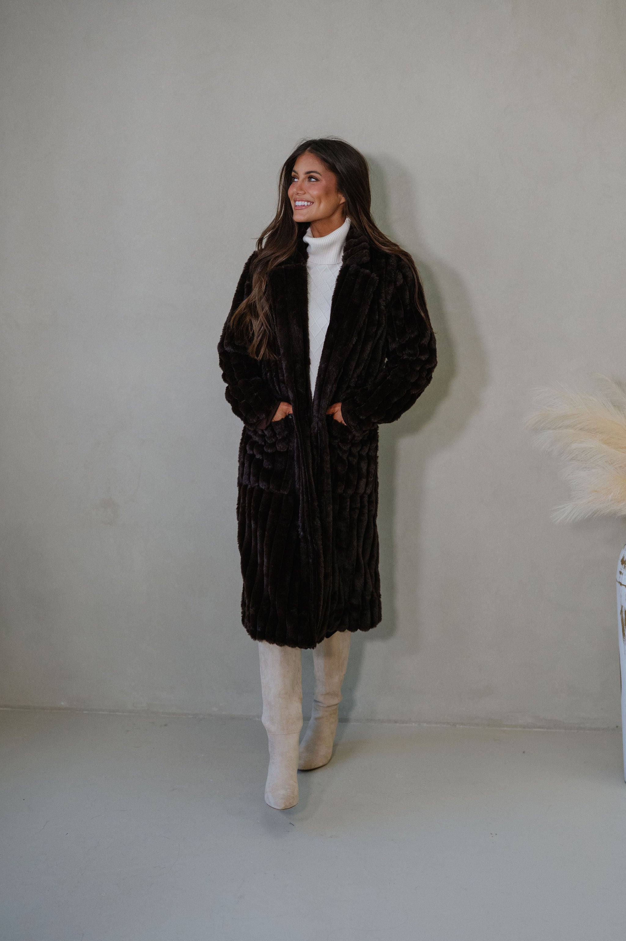 Devin Faux Fur Long Coat- Brown