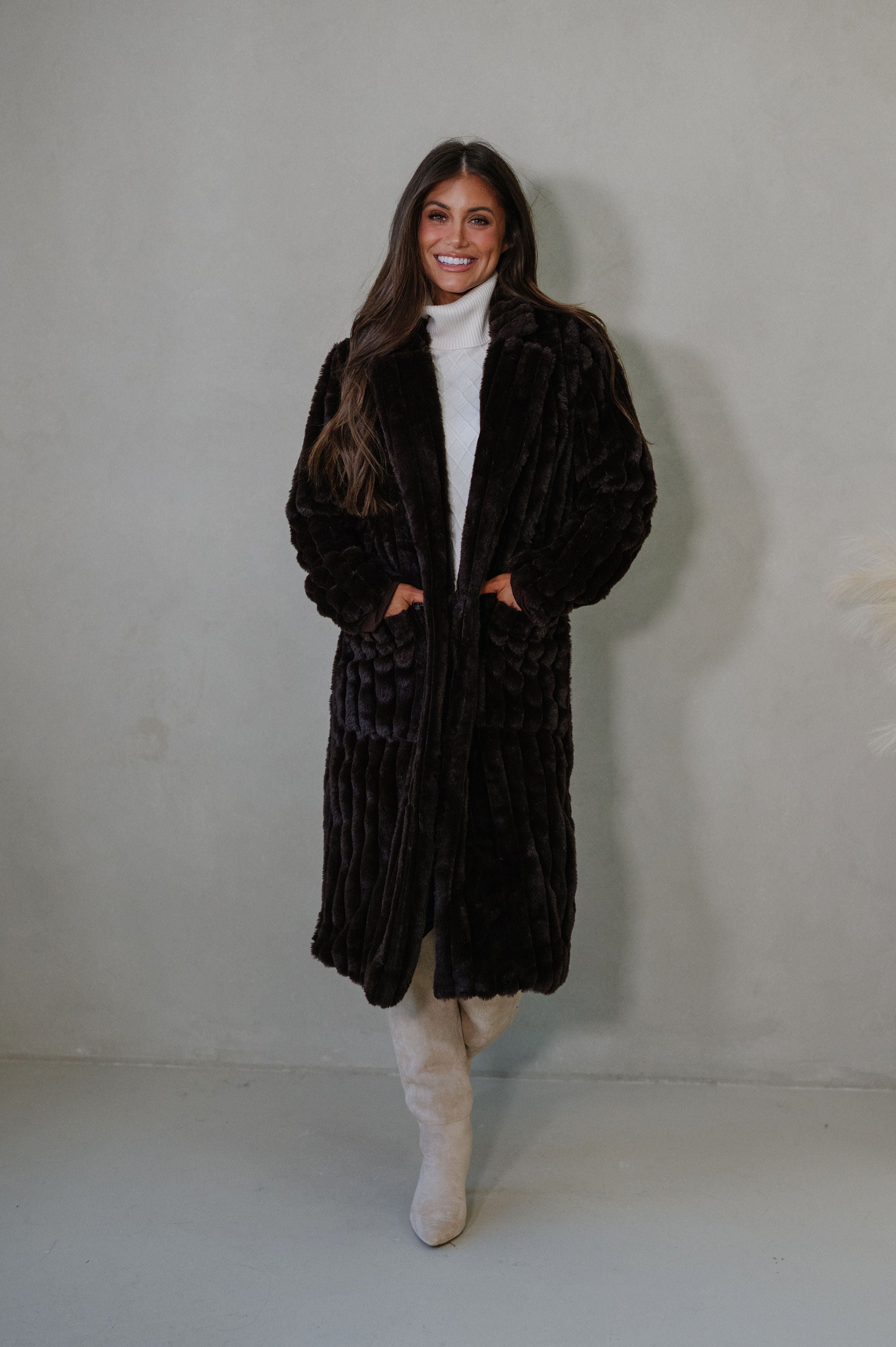 Devin Faux Fur Long Coat- Brown