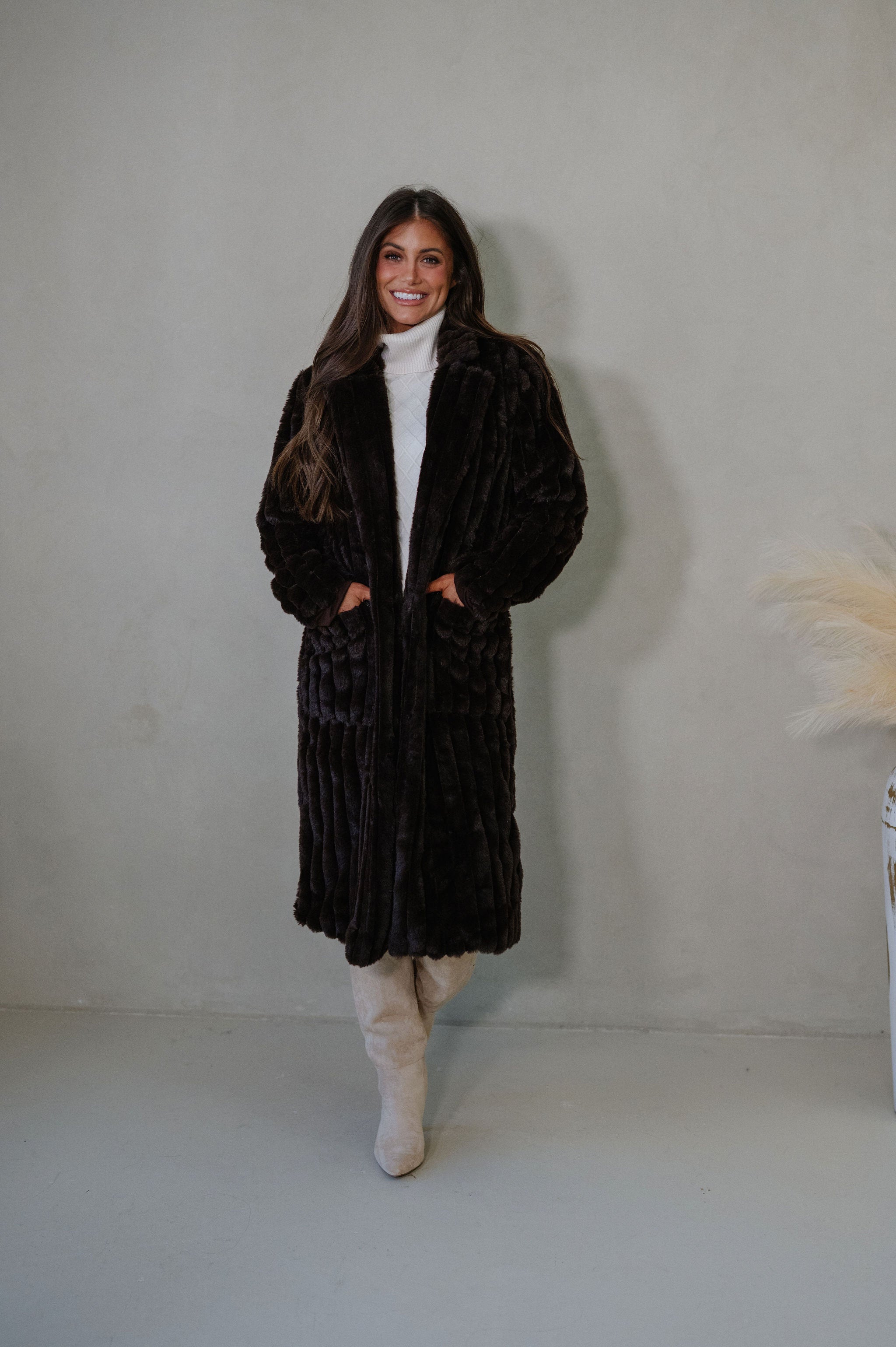 Devin Faux Fur Long Coat- Brown