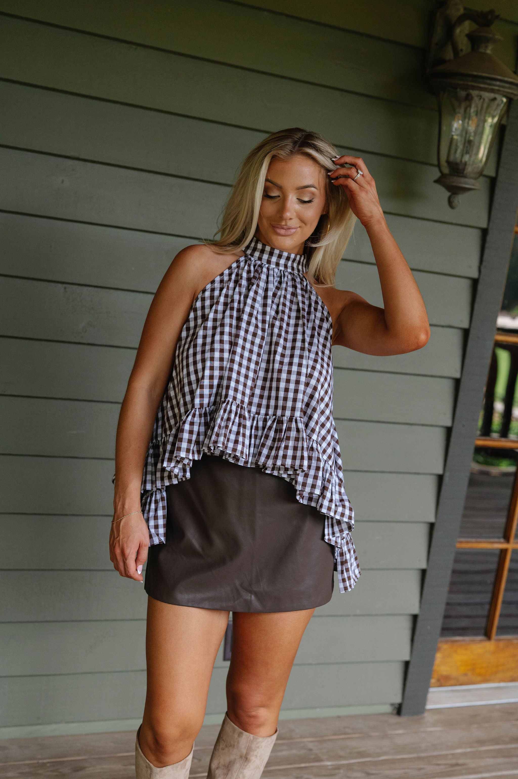 Delia Gingham Halter Blouse-Brown/White