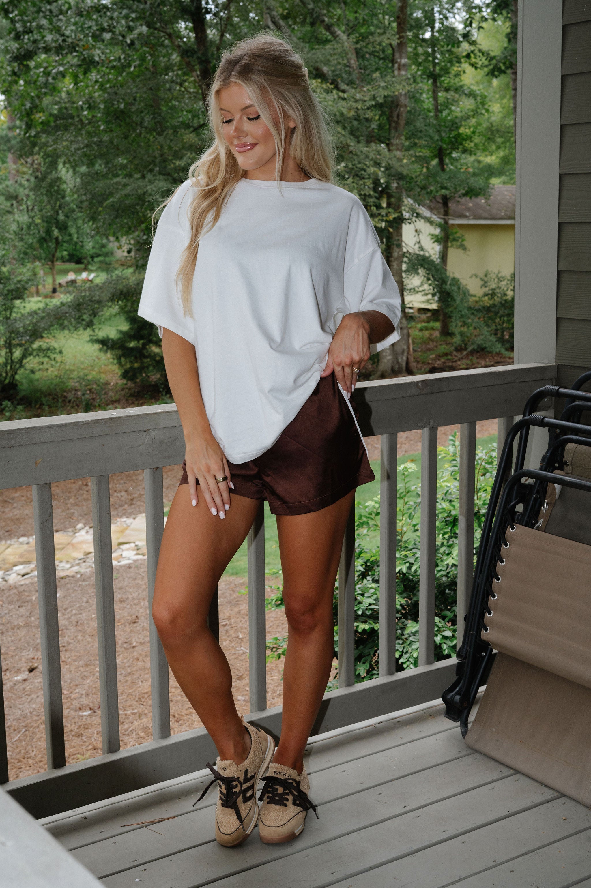 High Waisted Boxy Shorts-Brown/White