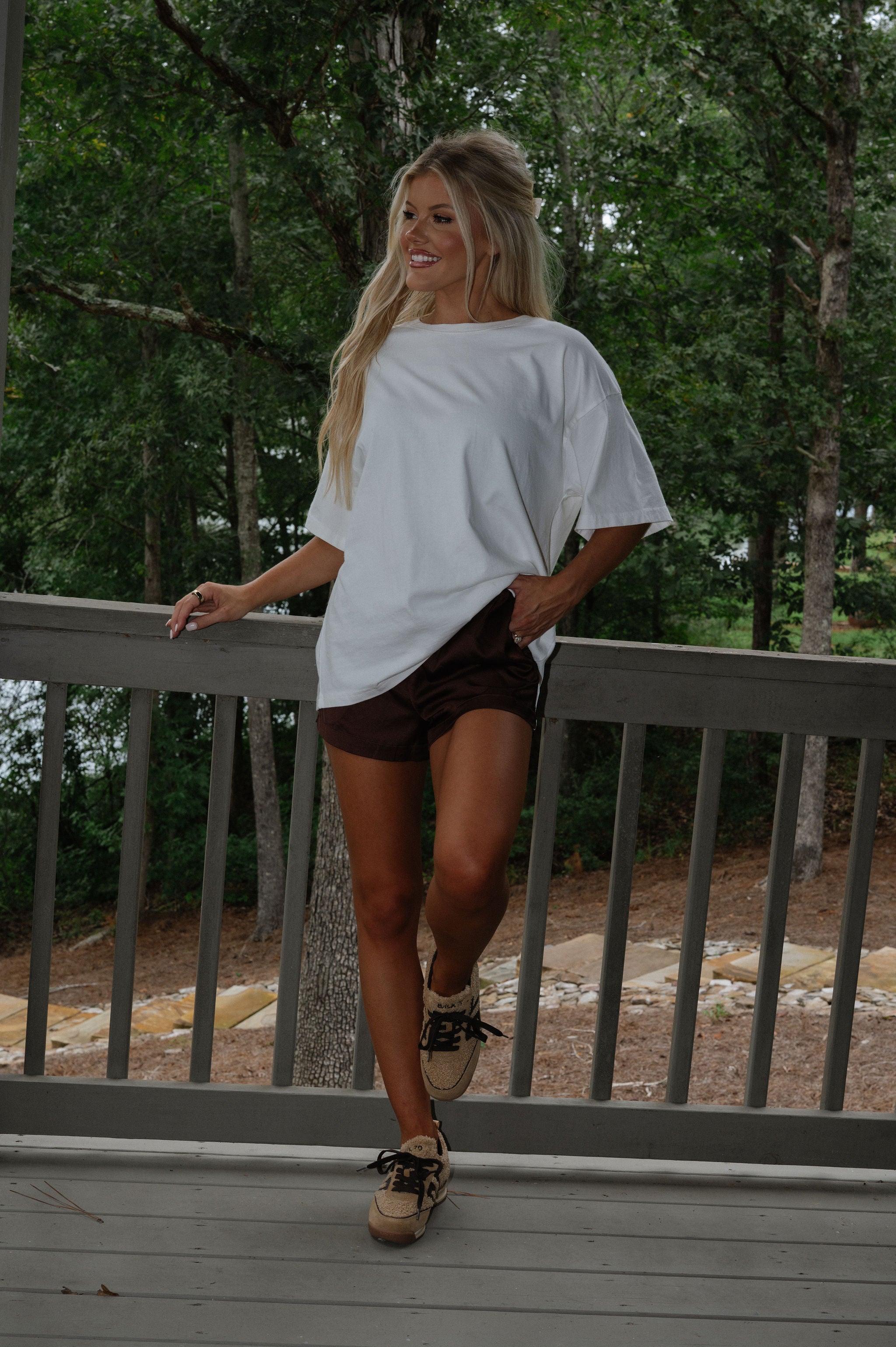 High Waisted Boxy Shorts-Brown/White