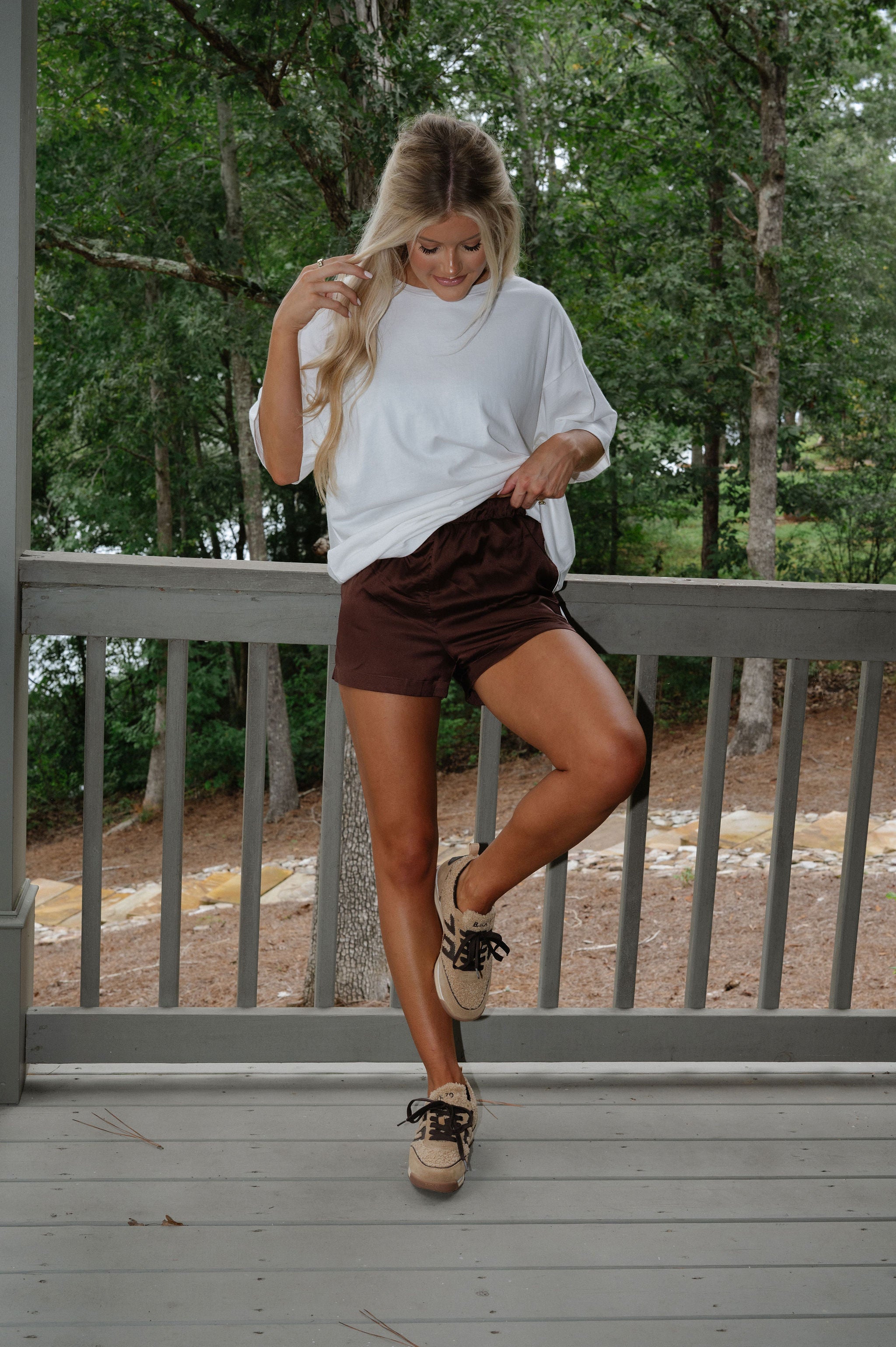 High Waisted Boxy Shorts-Brown/White