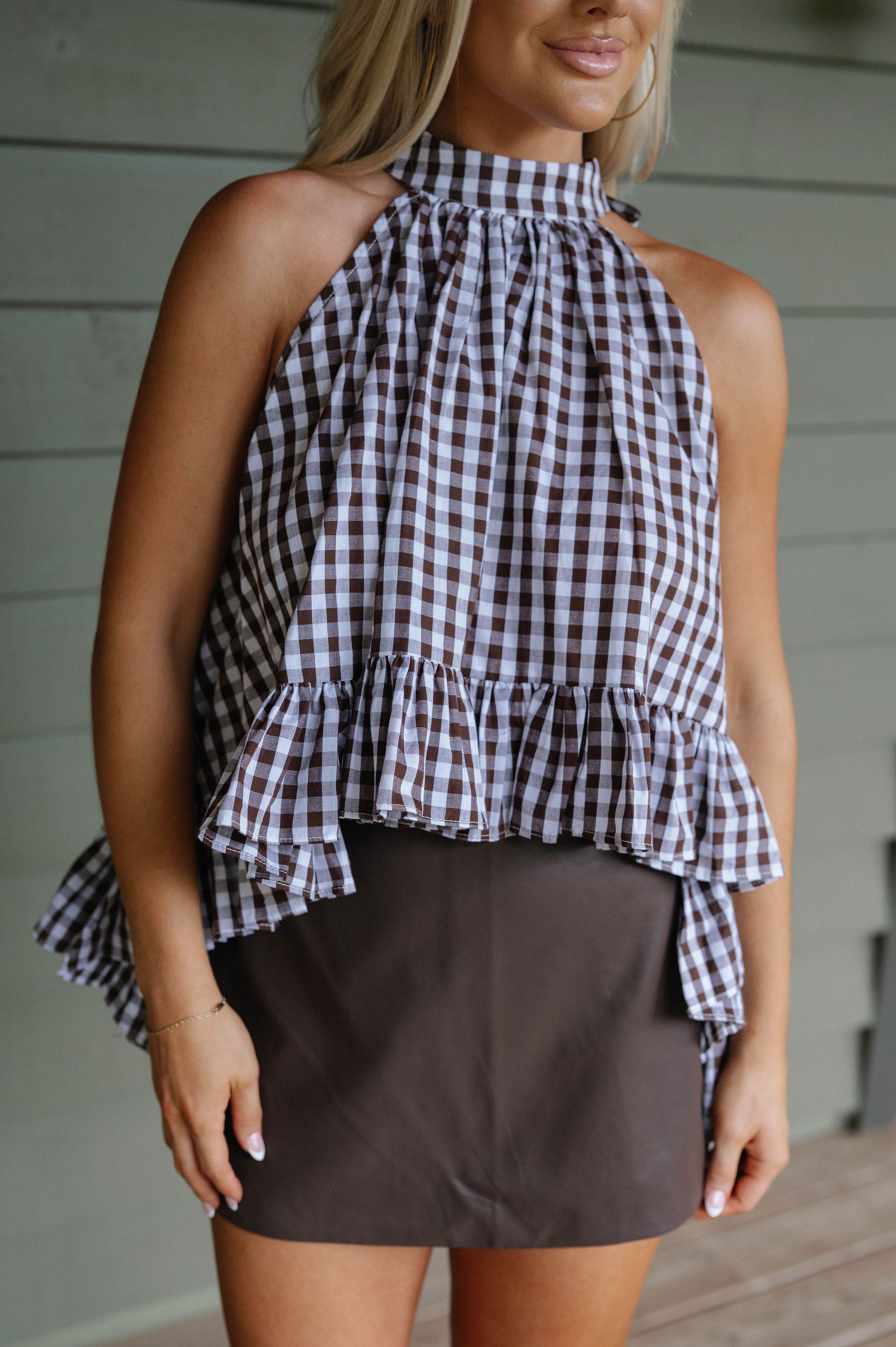 Delia Gingham Halter Blouse-Brown/White