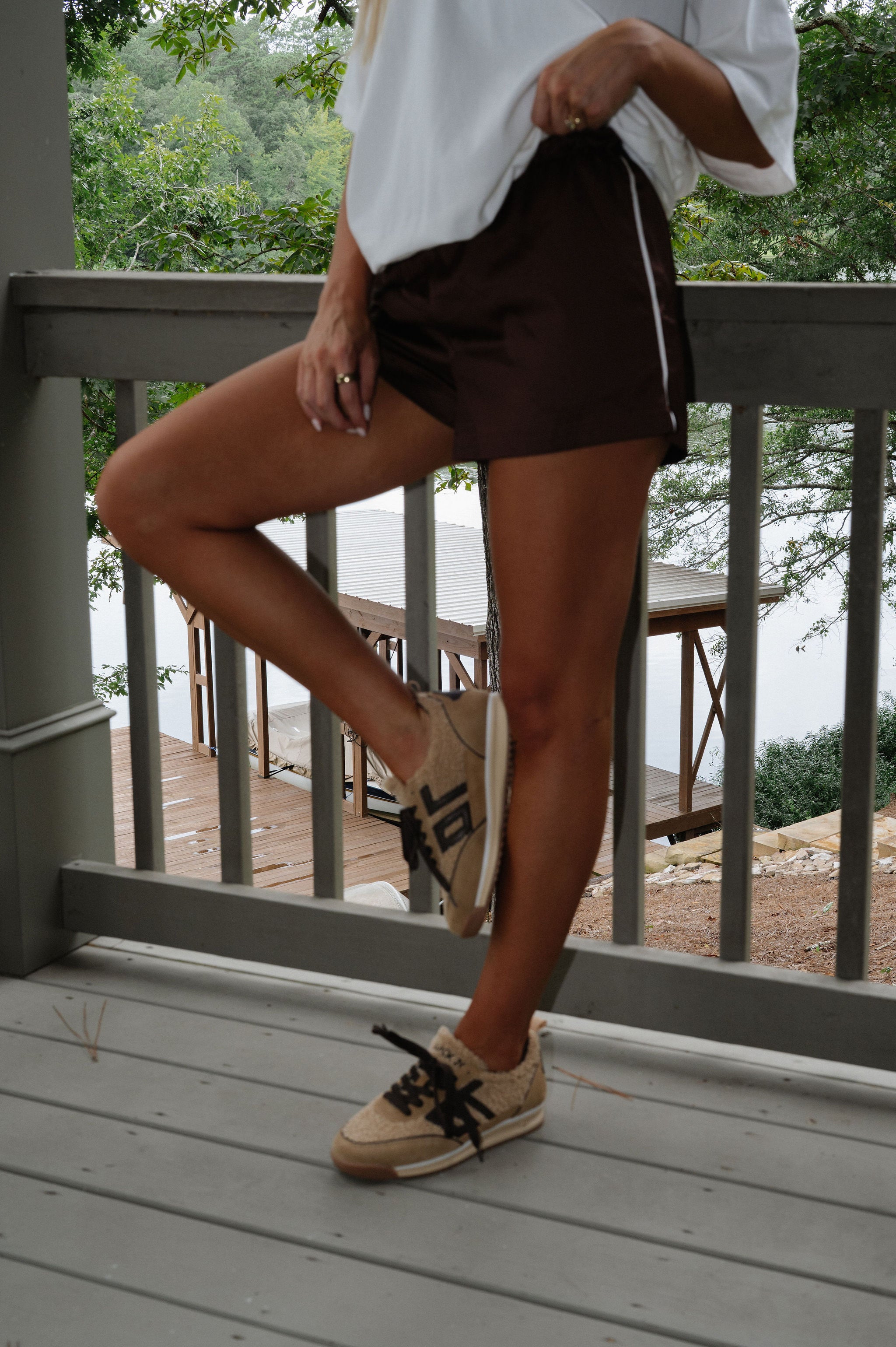 High Waisted Boxy Shorts-Brown/White