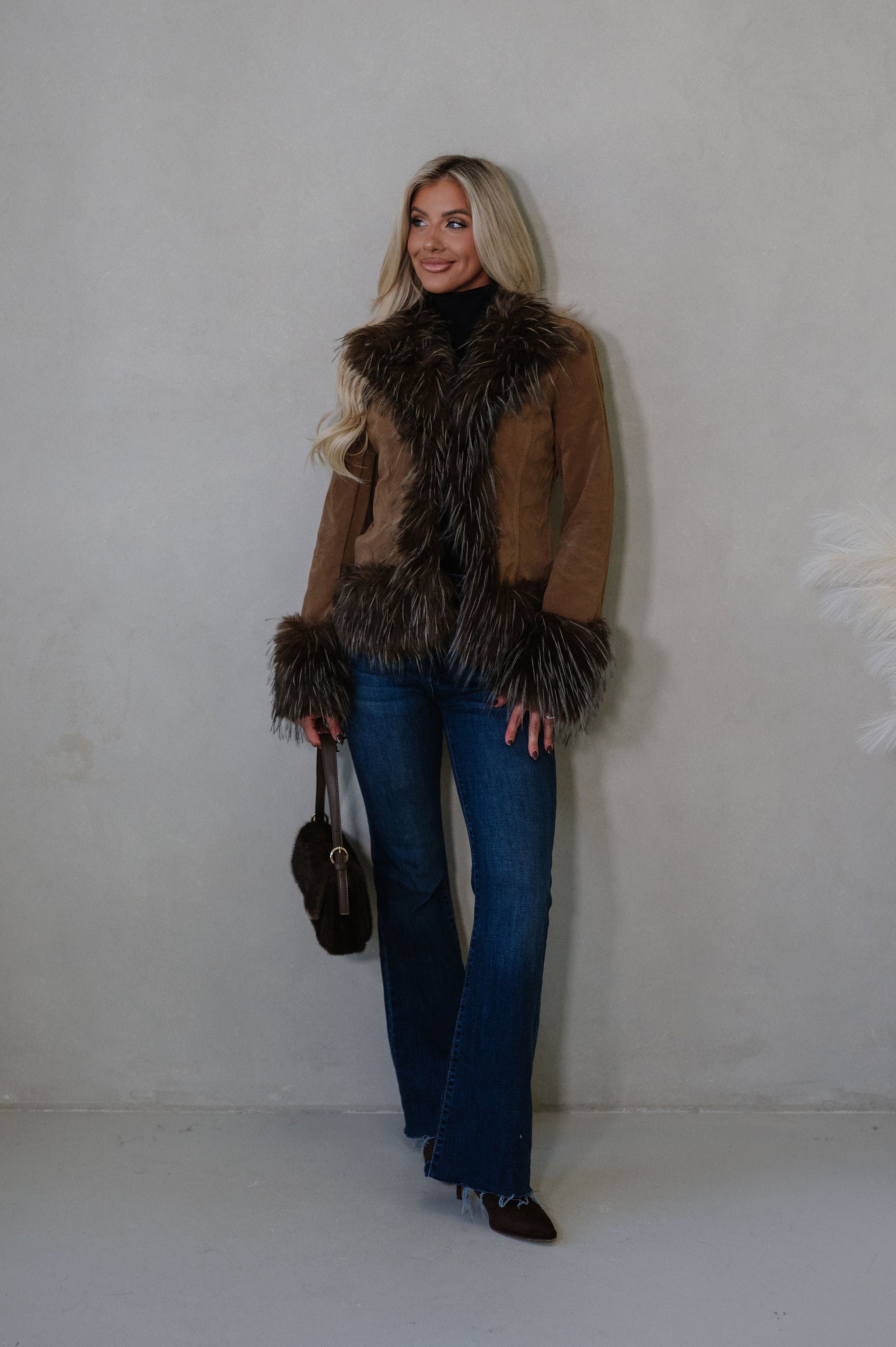Faux Suede Fur Trim Jacket-Java