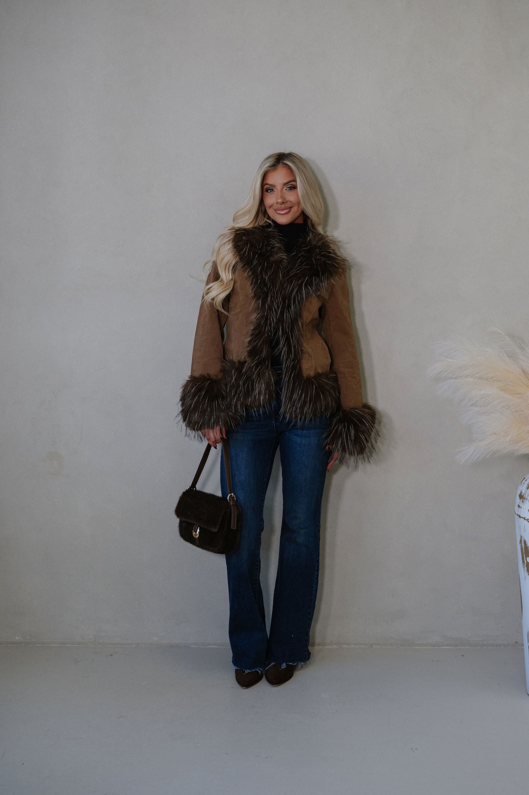 Faux Suede Fur Trim Jacket-Java
