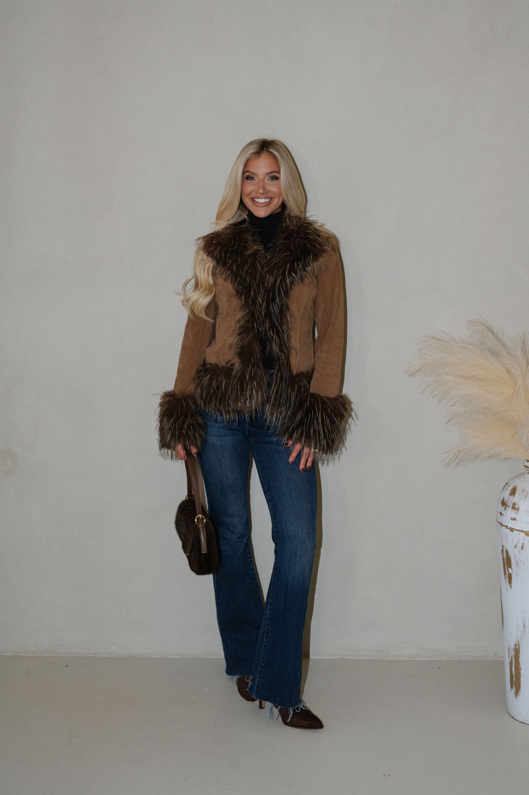 Faux Suede Fur Trim Jacket-Java