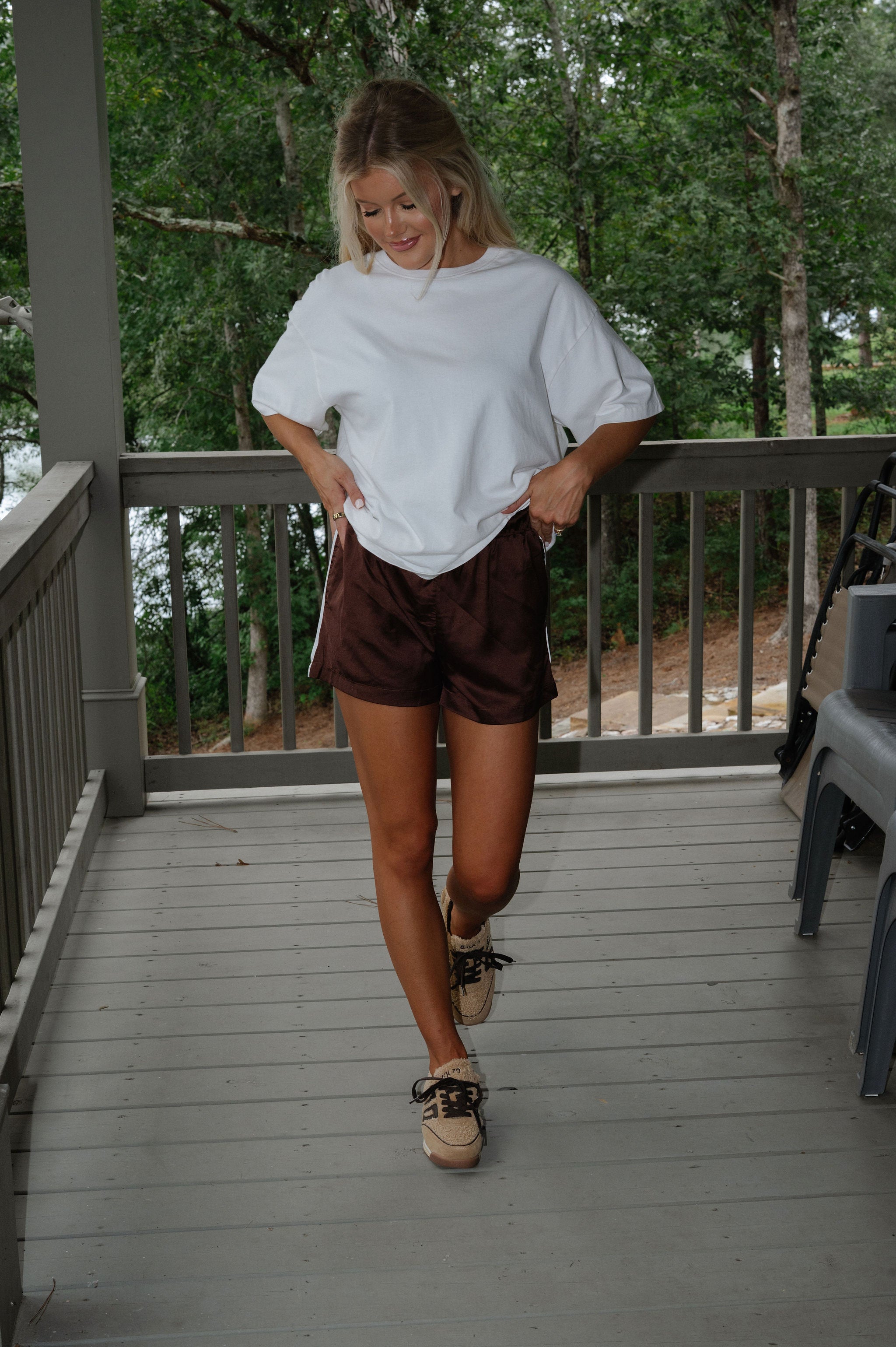 High Waisted Boxy Shorts-Brown/White