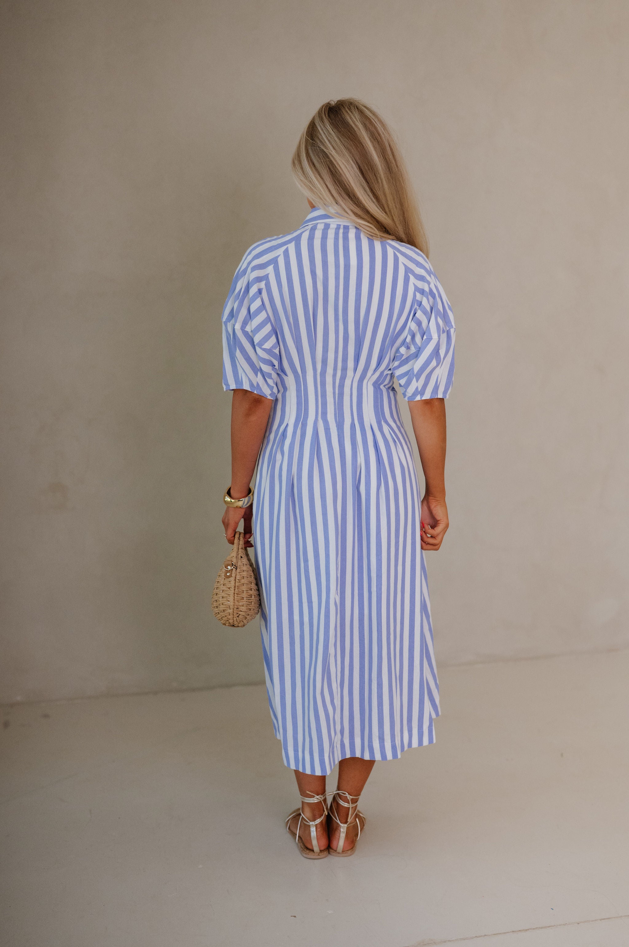 Striped Midi Shirt Dress-Blue