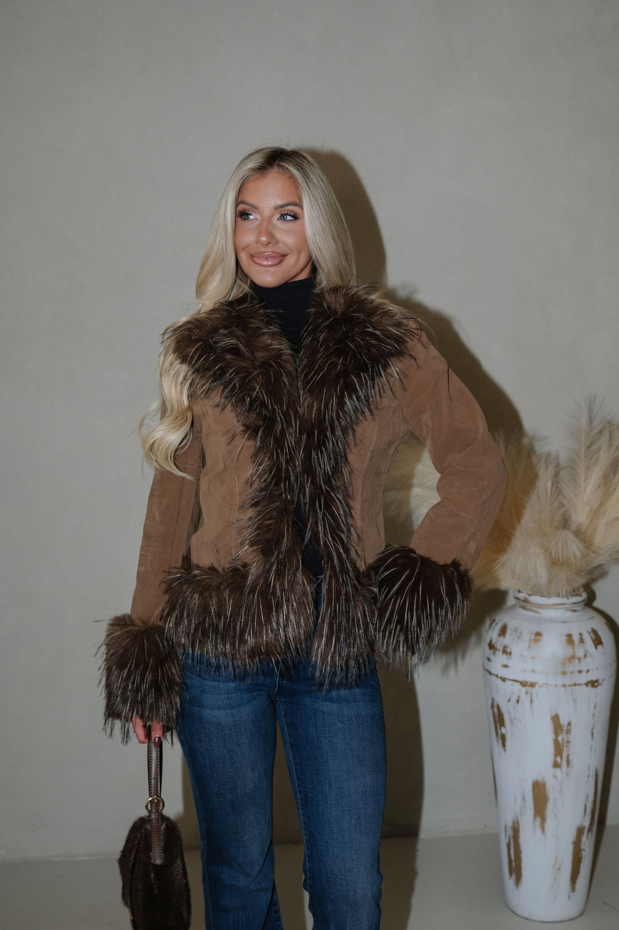 Faux Suede Fur Trim Jacket-Java