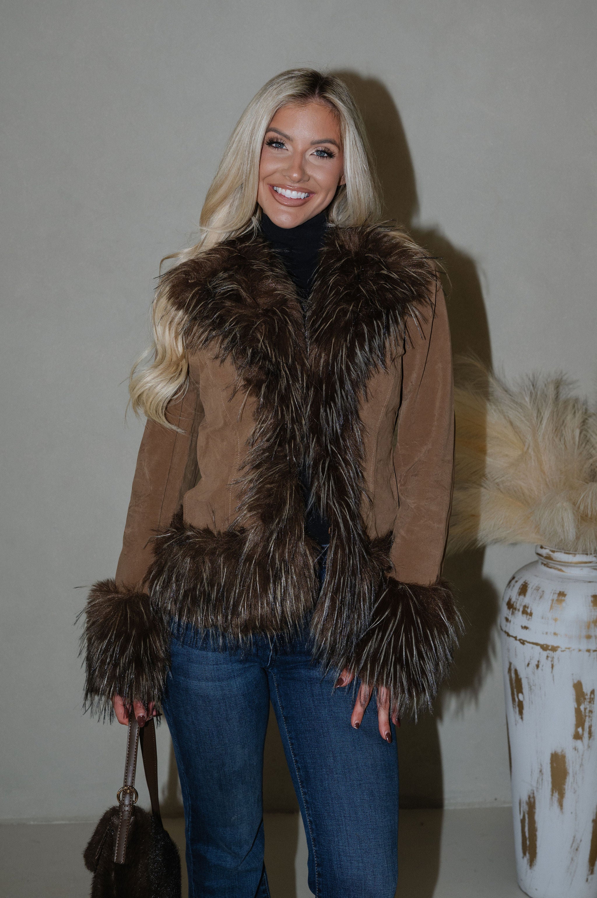 Faux Suede Fur Trim Jacket-Java
