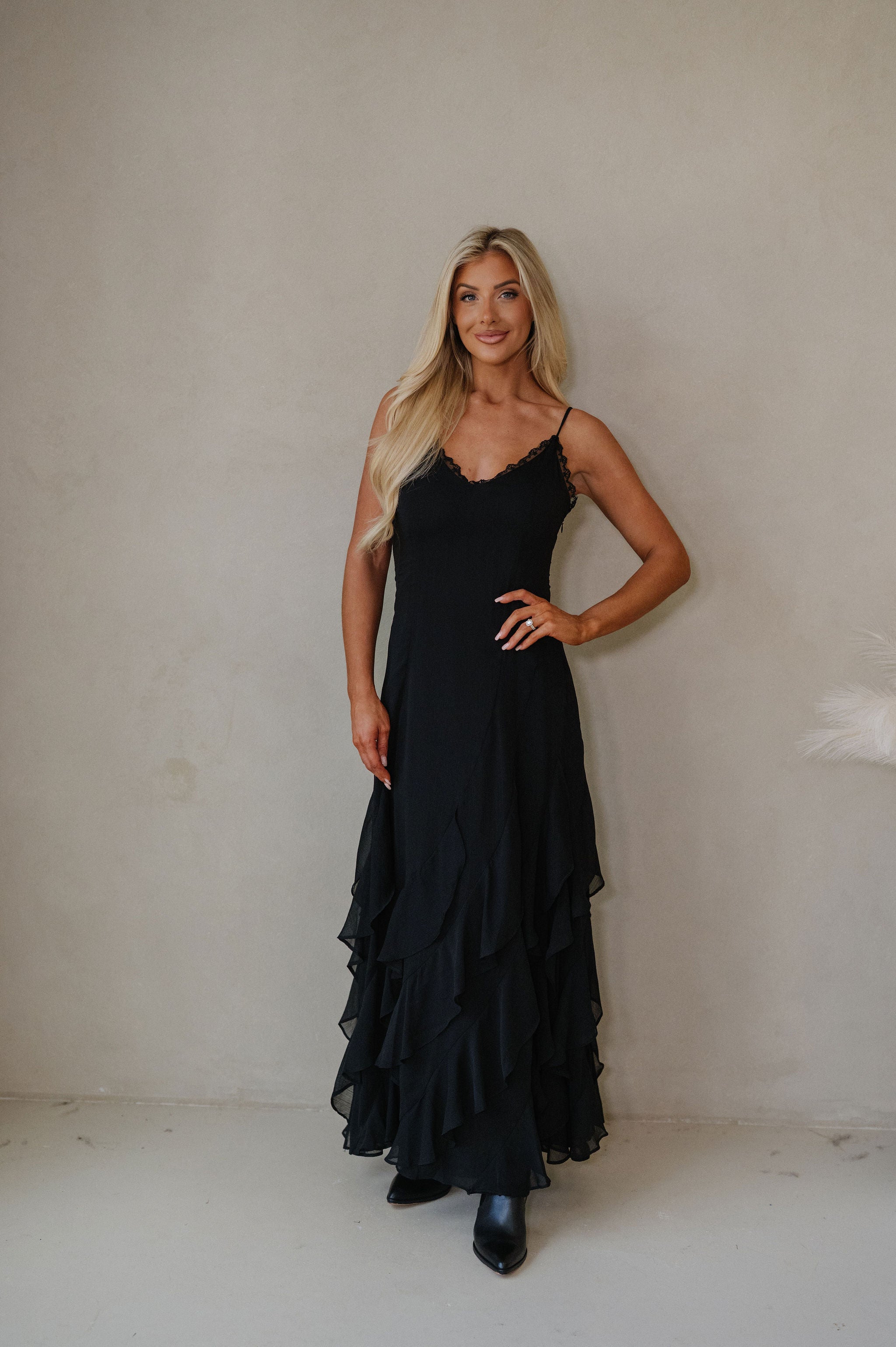 Lace V Neck Ruffled Cami Dress-Black