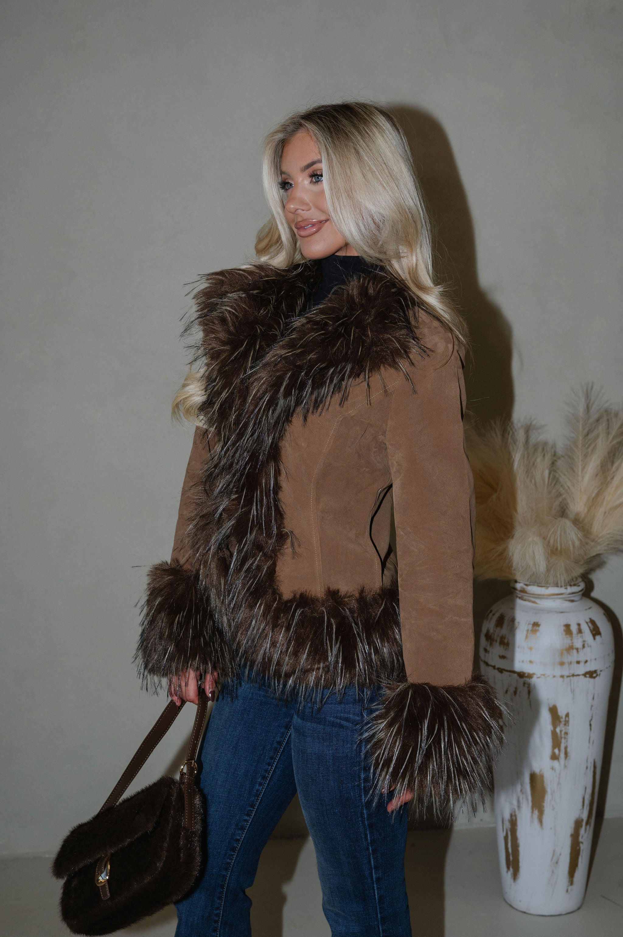 Faux Suede Fur Trim Jacket-Java
