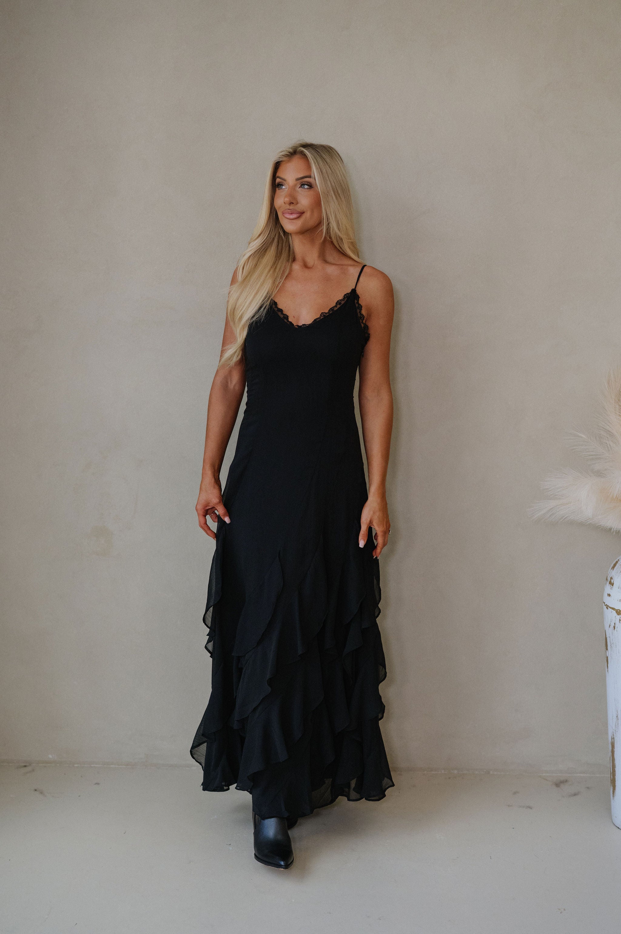 Lace V Neck Ruffled Cami Dress-Black