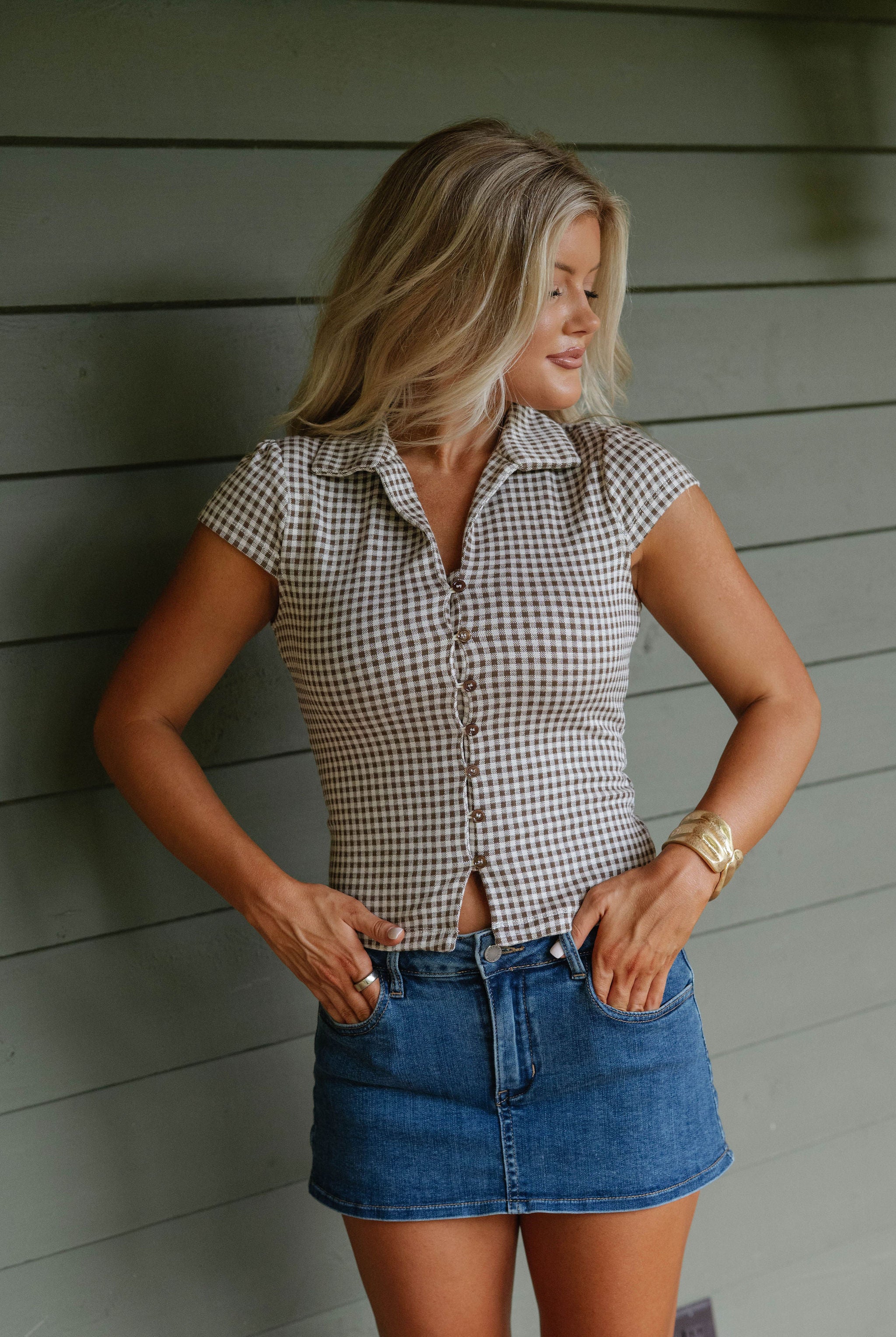 Ollie Gingham Top-Brown