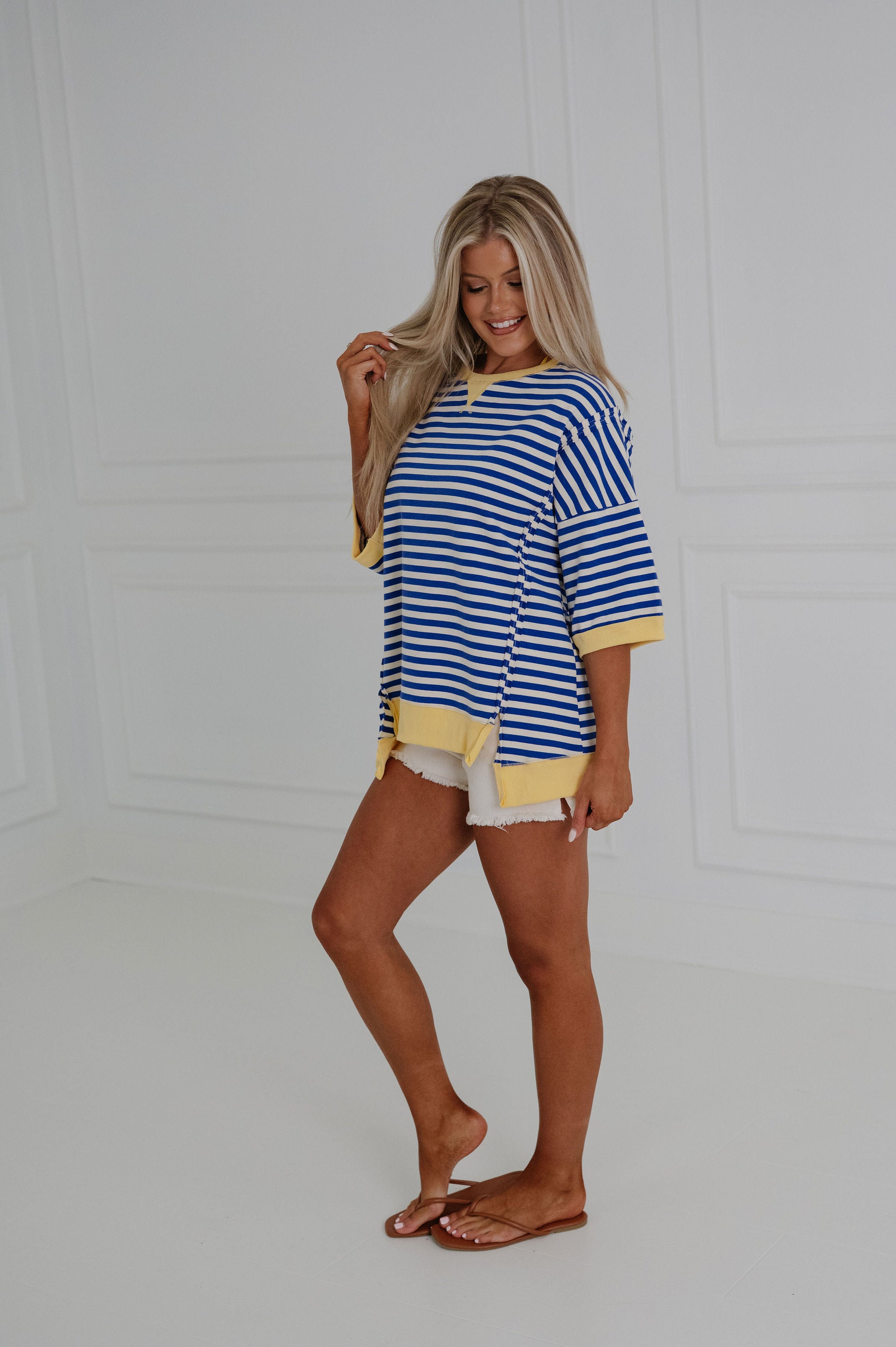 Loxley Oversized Striped Top-Blue/Cream
