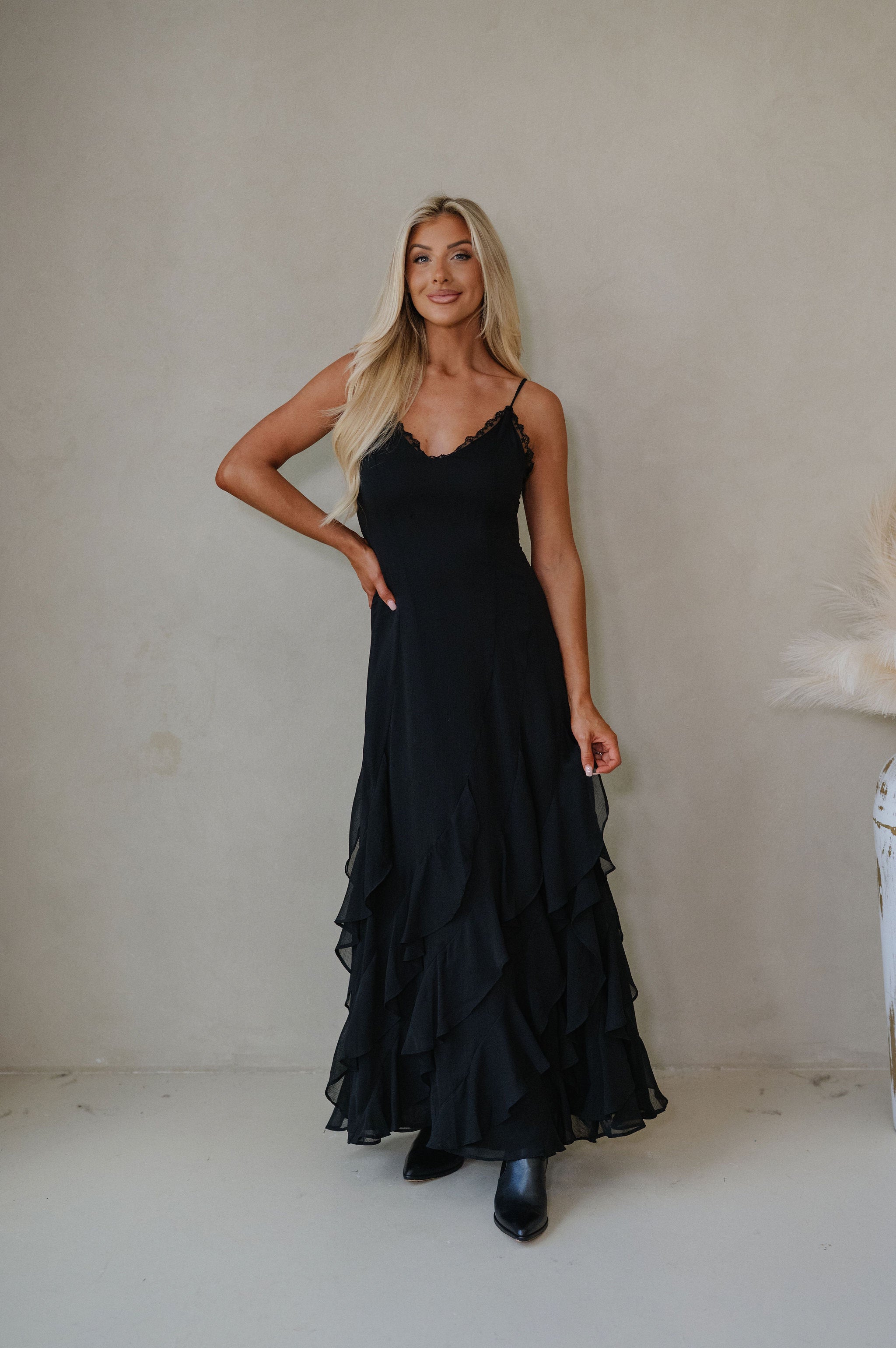 Lace V Neck Ruffled Cami Dress-Black