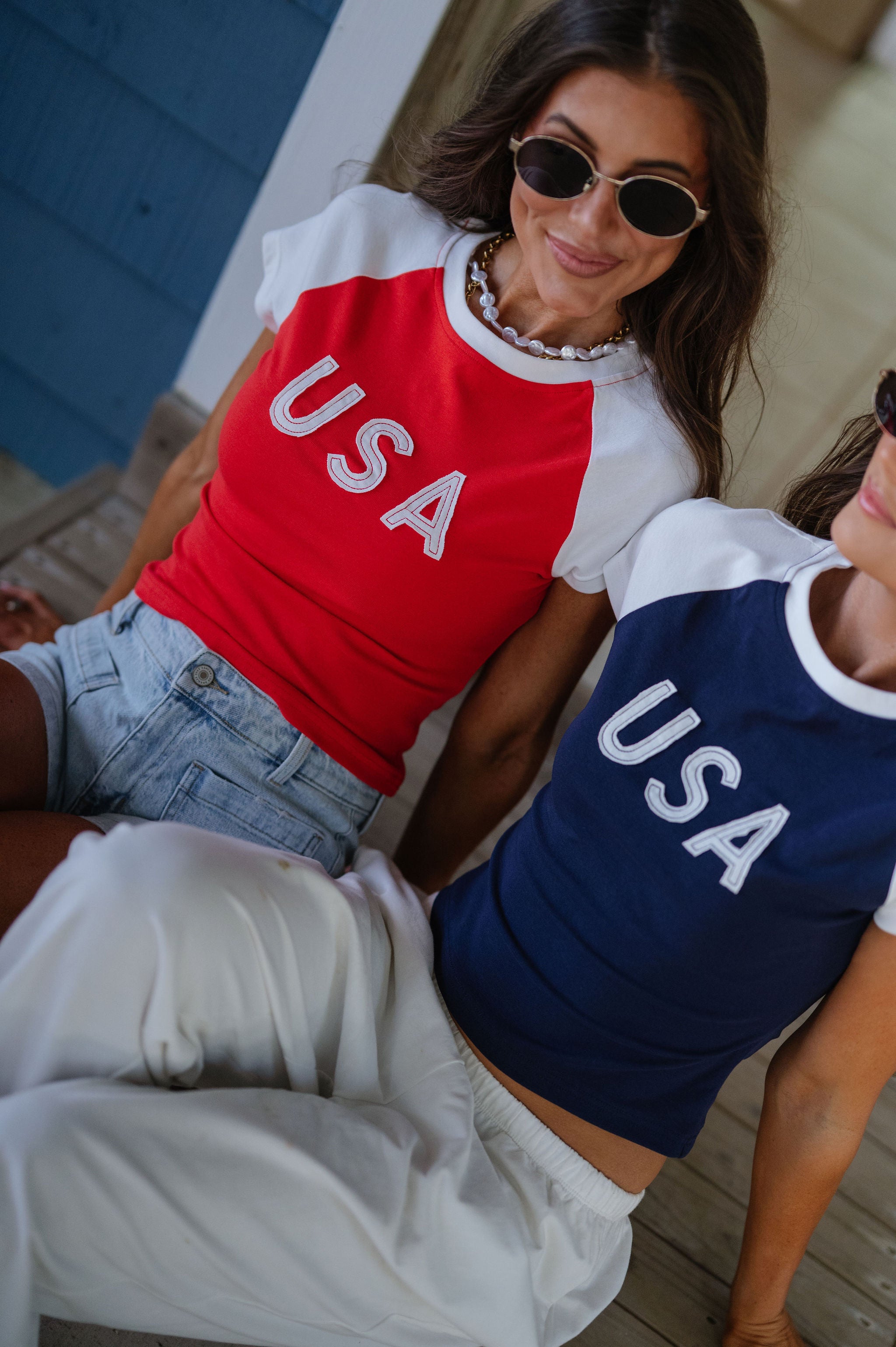 "USA" Color Block Baby Tee-Red/White