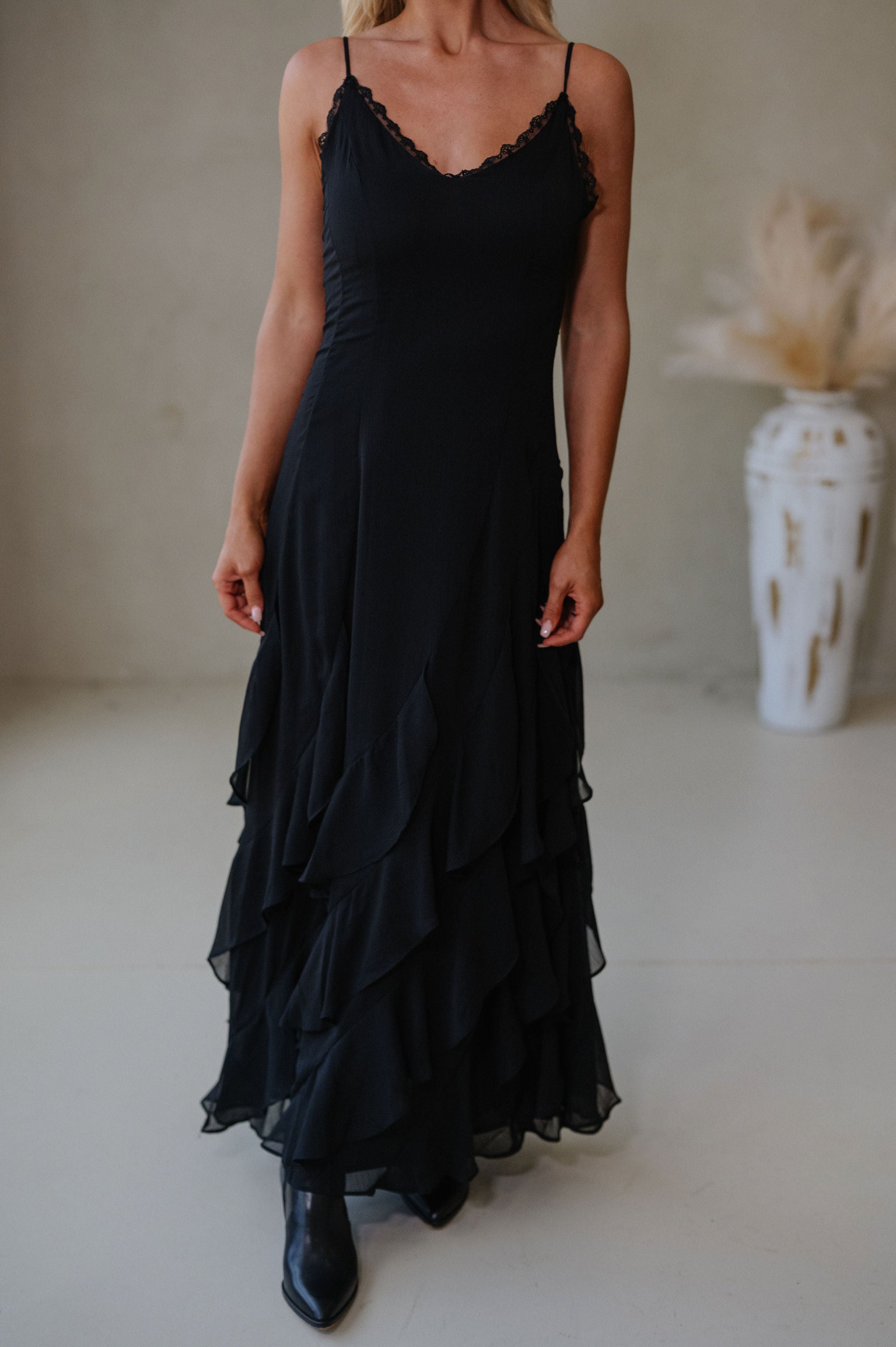 Lace V Neck Ruffled Cami Dress-Black