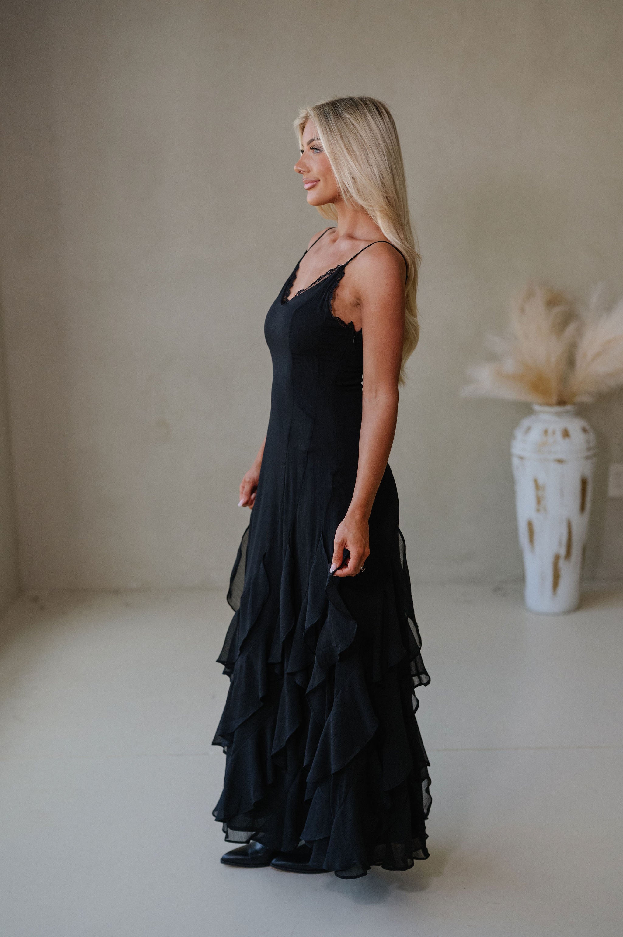 Lace V Neck Ruffled Cami Dress-Black