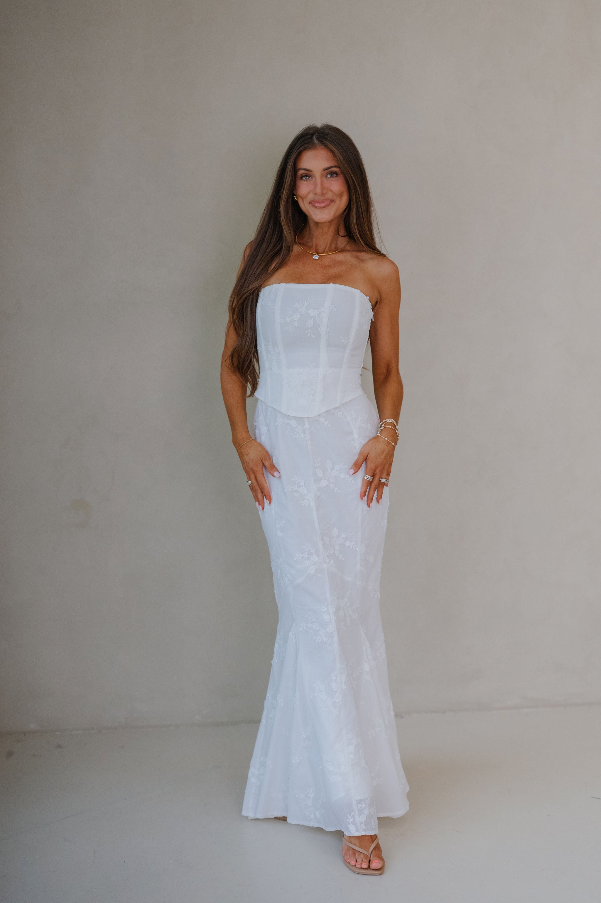 Eyelet Strapless Corset Maxi Dress-Ivory