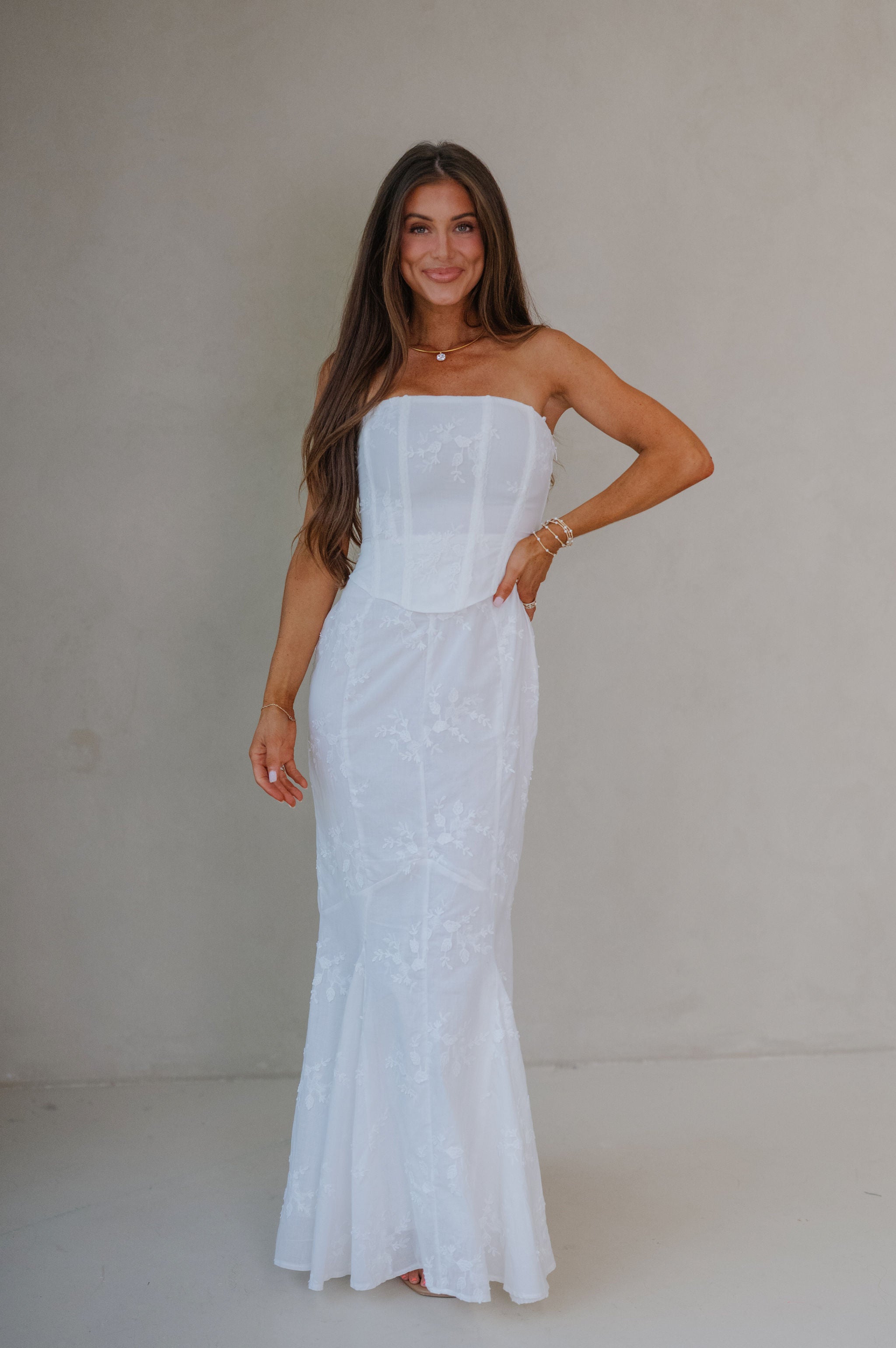 Eyelet Strapless Corset Maxi Dress-Ivory