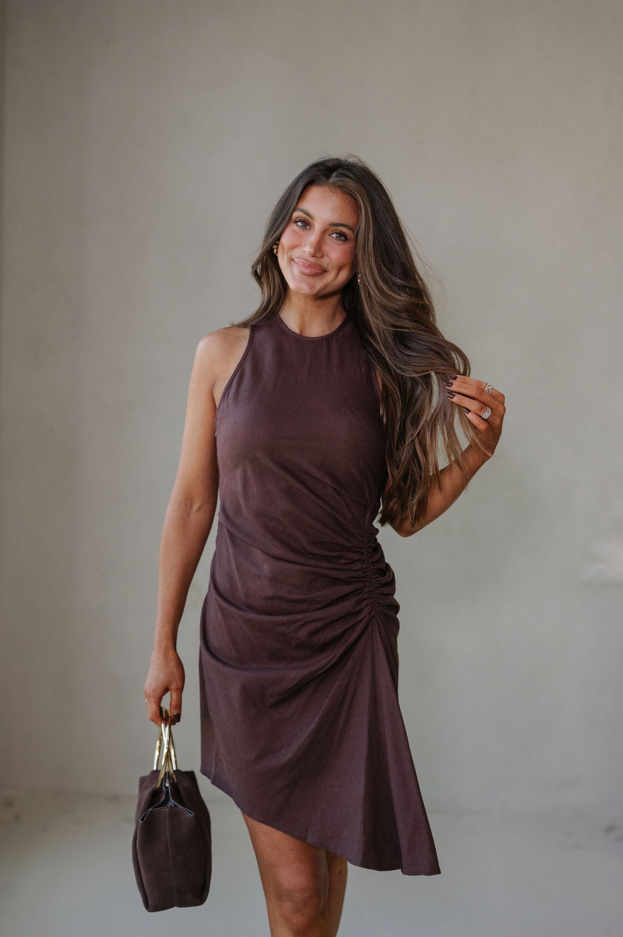 Palmer Ruched Mini Dress-Chocolate L Palmer Ruched Mini Dress-Chocolate L