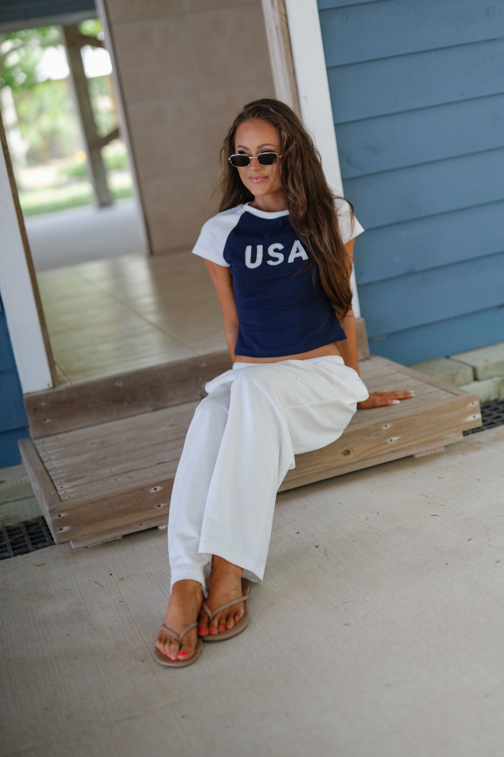"USA" Color Block Baby Tee-Navy/White