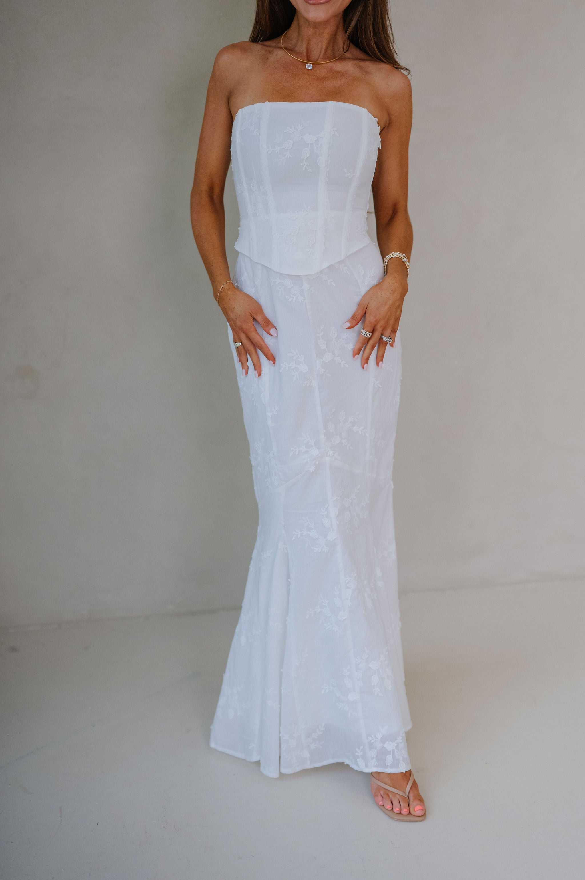 Eyelet Strapless Corset Maxi Dress-Ivory