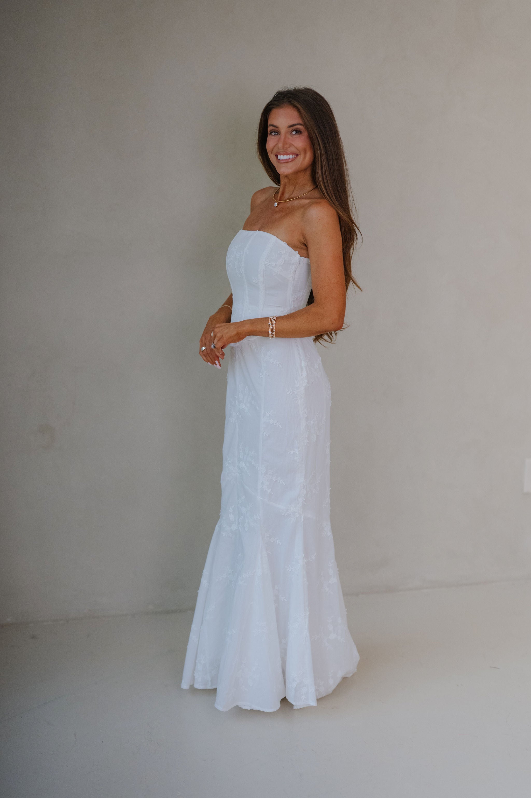 Eyelet Strapless Corset Maxi Dress-Ivory