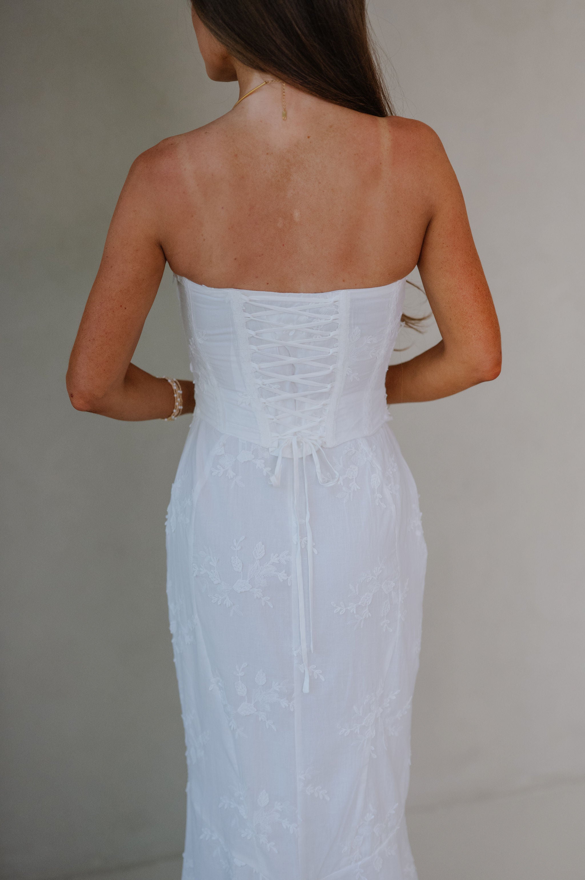 Eyelet Strapless Corset Maxi Dress-Ivory