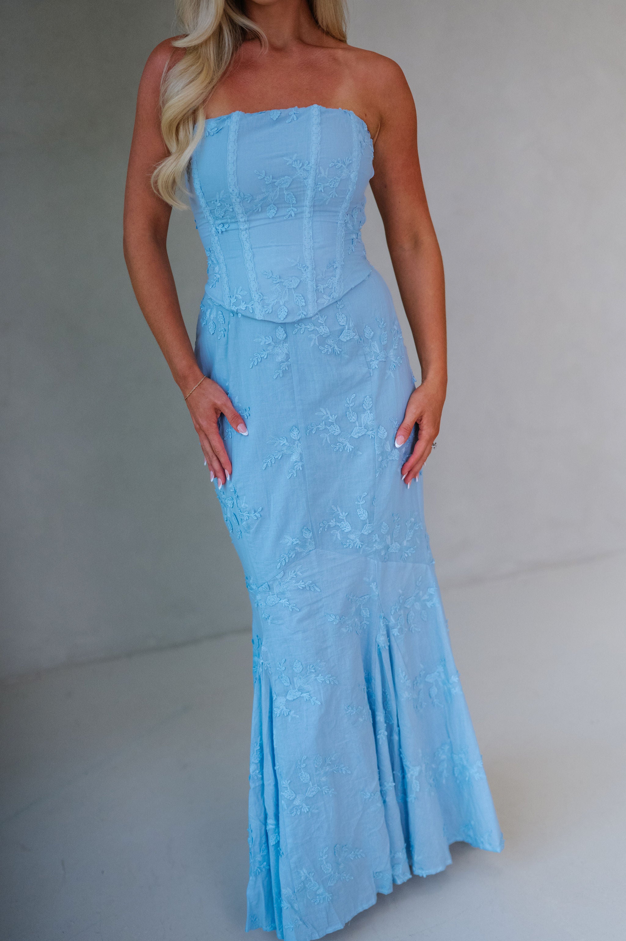 Eyelet Strapless Corset Maxi Dress-Baby Blue