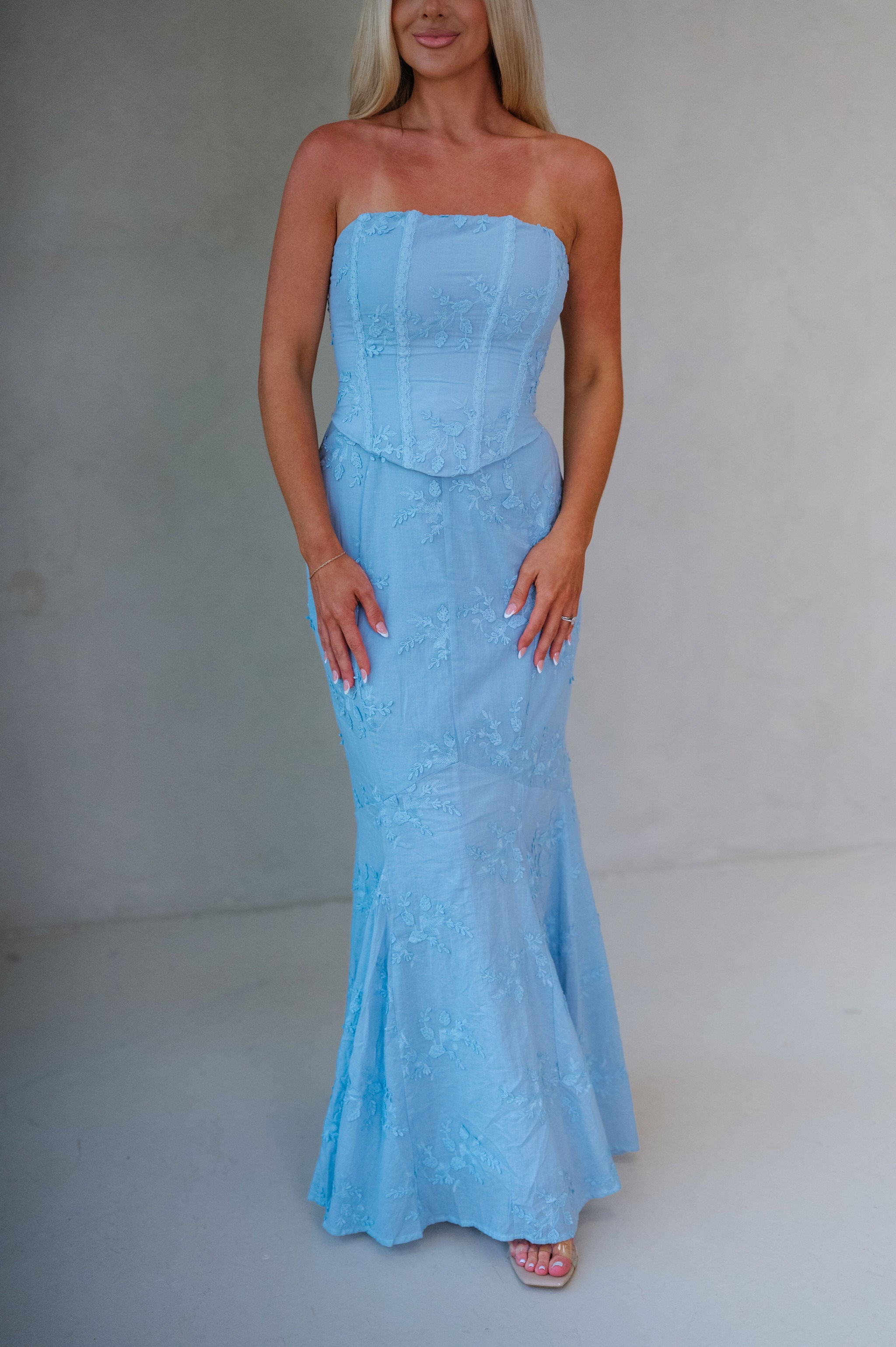 Eyelet Strapless Corset Maxi Dress-Baby Blue